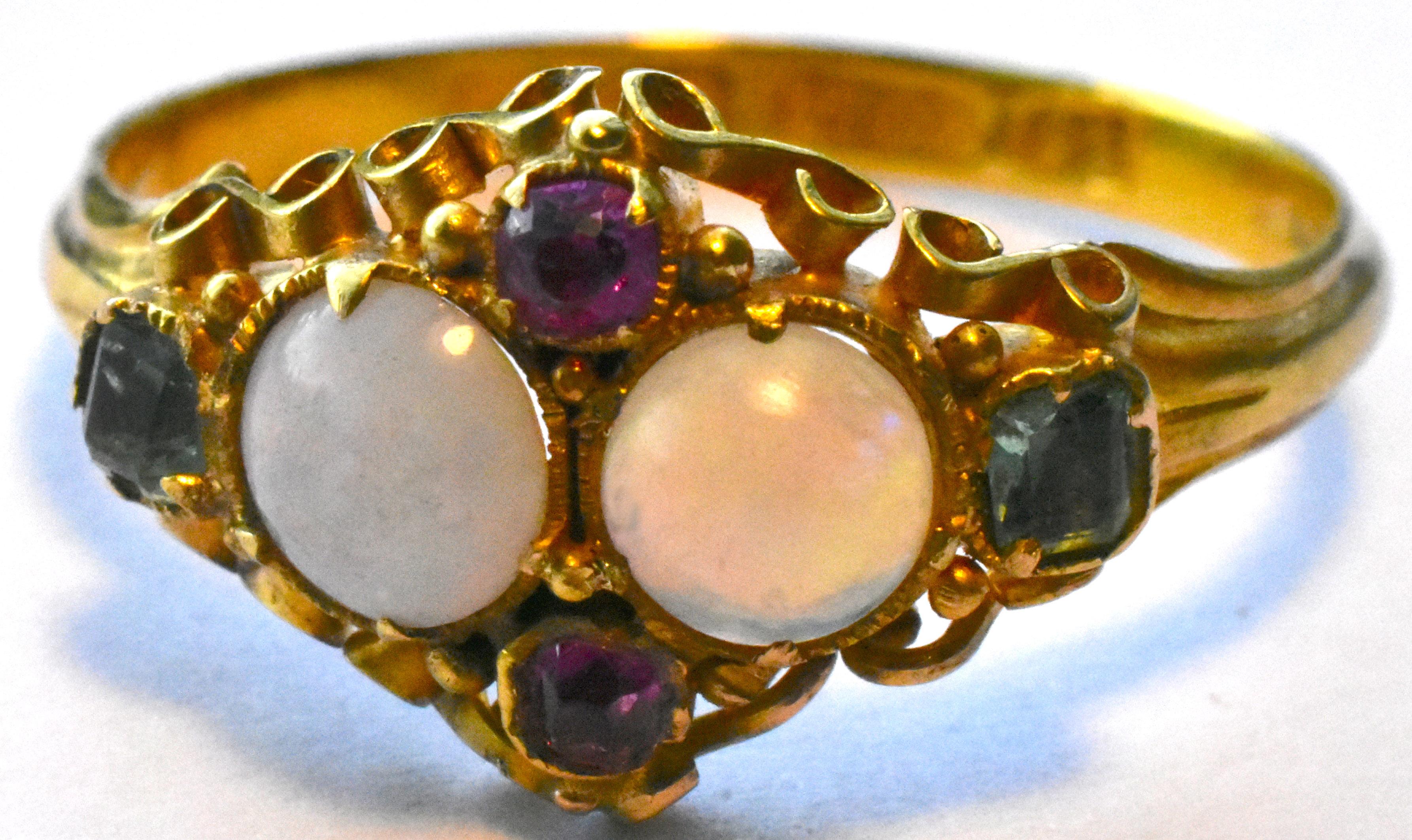 Antique Opal Ruby and Peridot 15 Karat Gold Ring In Excellent Condition In Baltimore, MD