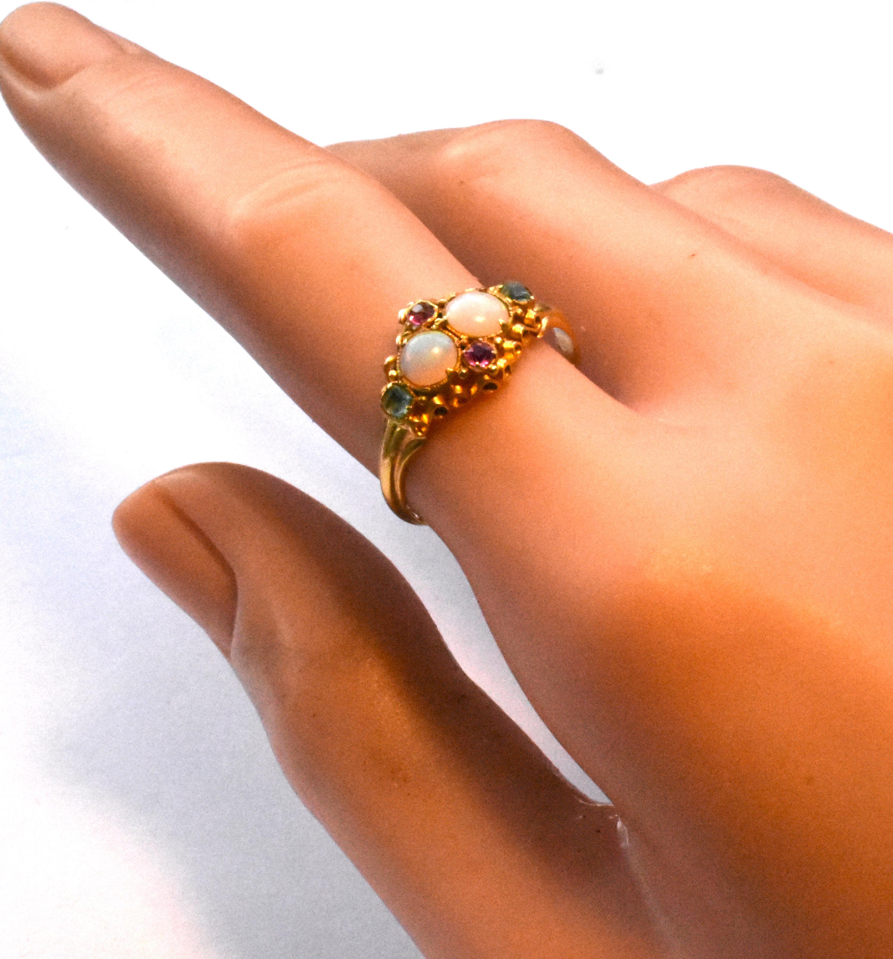 Antique Opal Ruby and Peridot 15 Karat Gold Ring 7