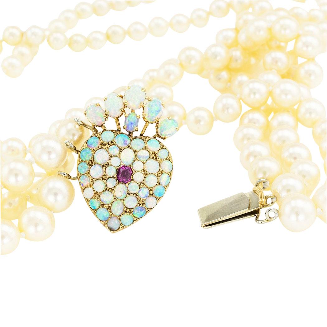 Antique Opal Ruby Cultured Pearl Three Strand Gold Necklace In Good Condition In Los Angeles, CA