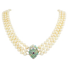 Antique Opal Ruby Cultured Pearl Three Strand Gold Necklace