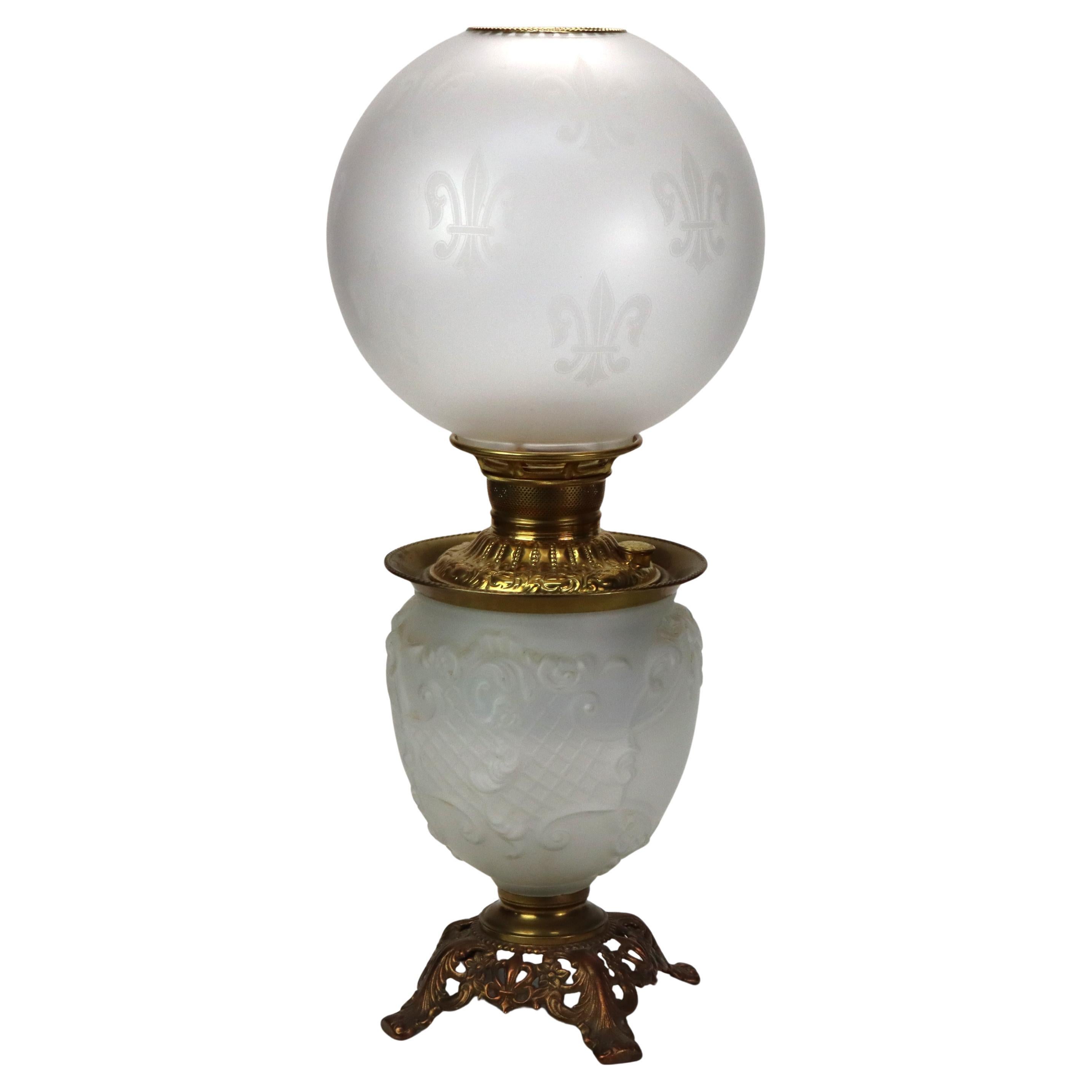 Antique Opalescent Embossed Glass Gone with the Wind Oil Lamp C1890