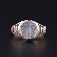 Antique Opalescent Glass Man in the Moon Ring of 8k Gold