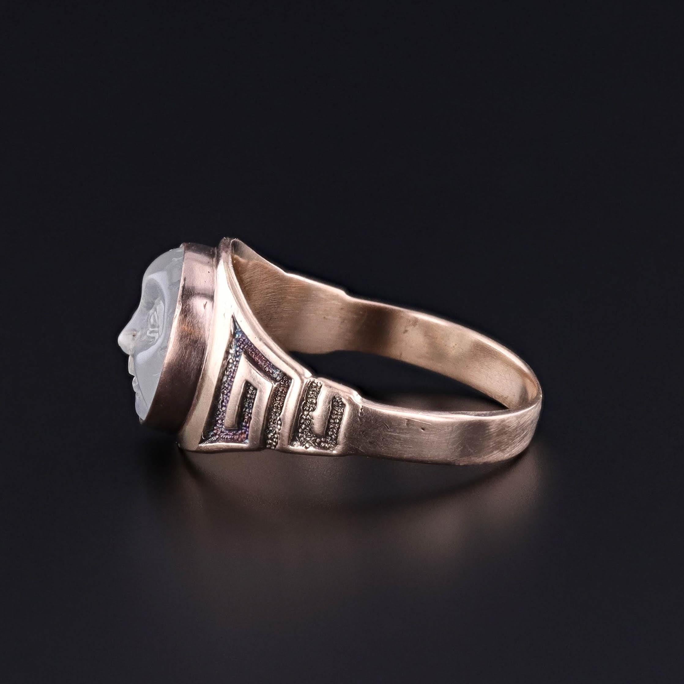 Art Deco Antique Opalescent Glass Man in the Moon Ring of 8k Gold For Sale