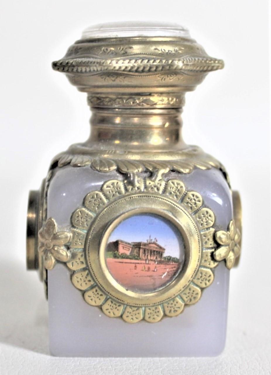 Victorian Antique Opalescent Perfume Bottle with Brass Mounts and Painted Medallions For Sale