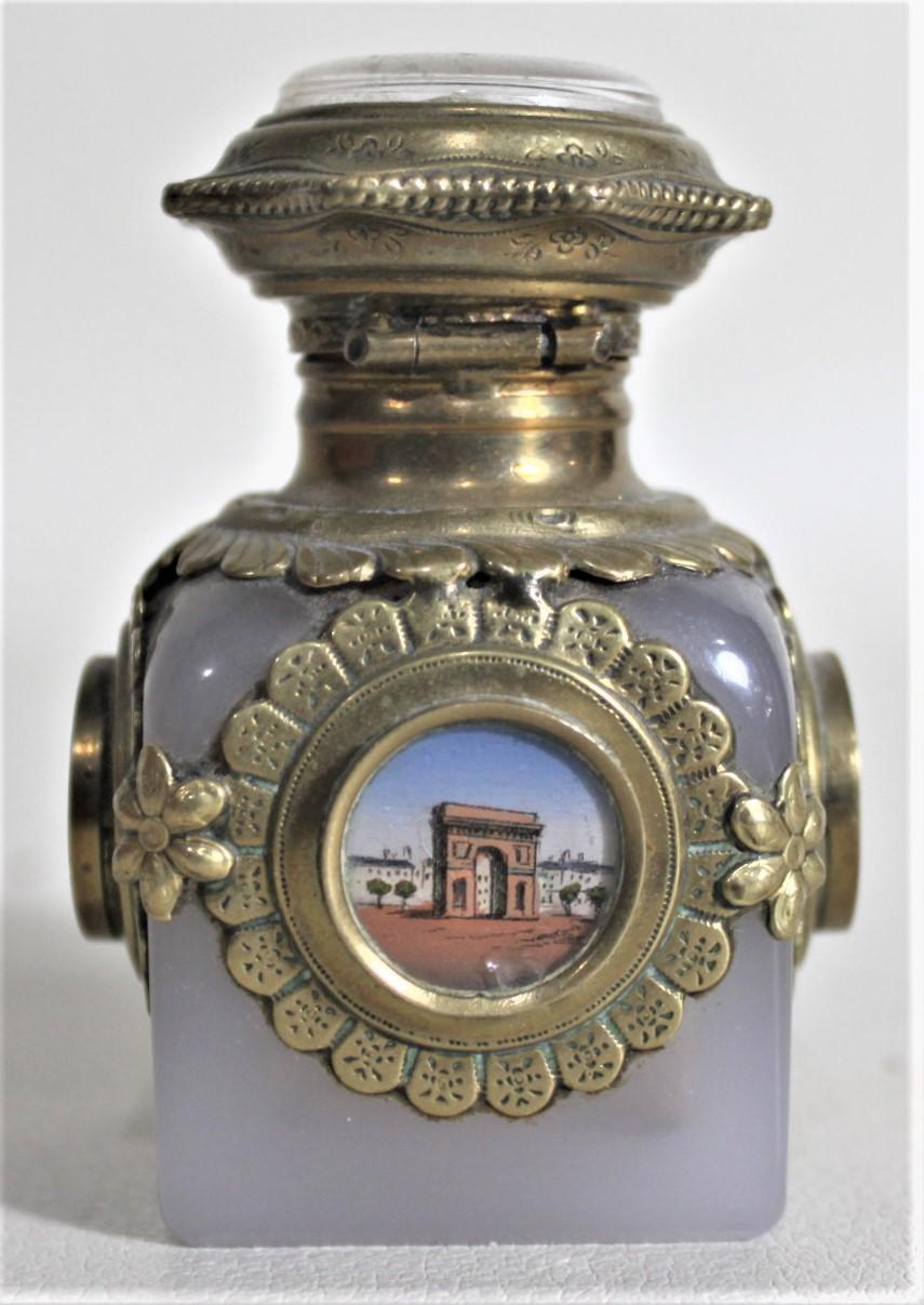 Antique Opalescent Perfume Bottle with Brass Mounts and Painted Medallions In Good Condition For Sale In Hamilton, Ontario