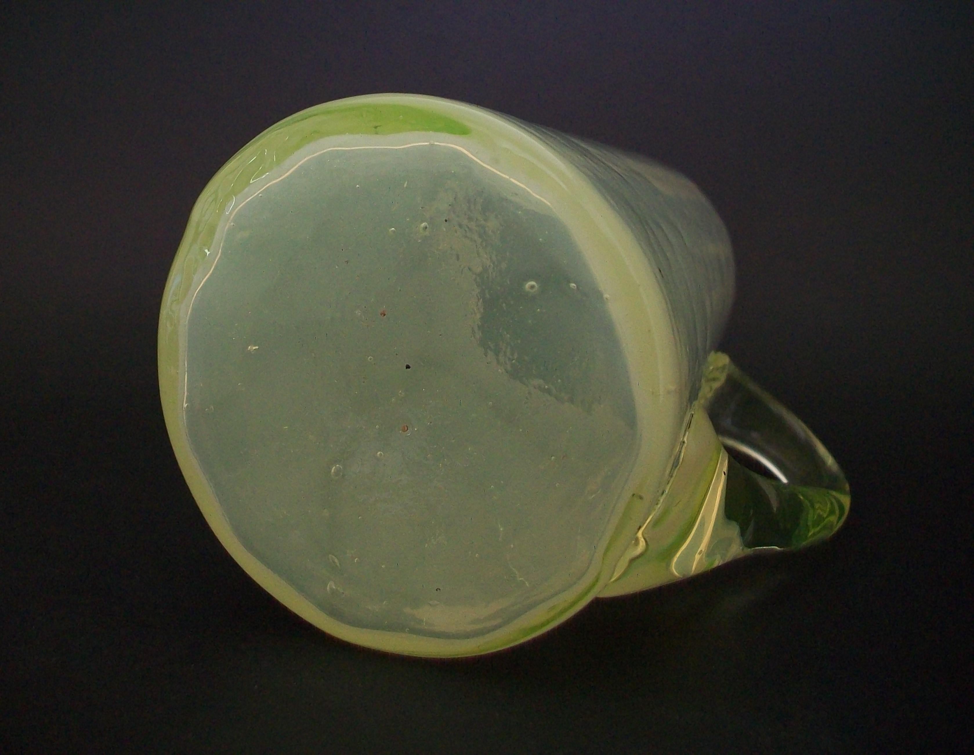 Art Glass Antique Opalescent Vaseline Glass Cream Pitcher, Unsigned, U.S.A., Circa 1900 For Sale