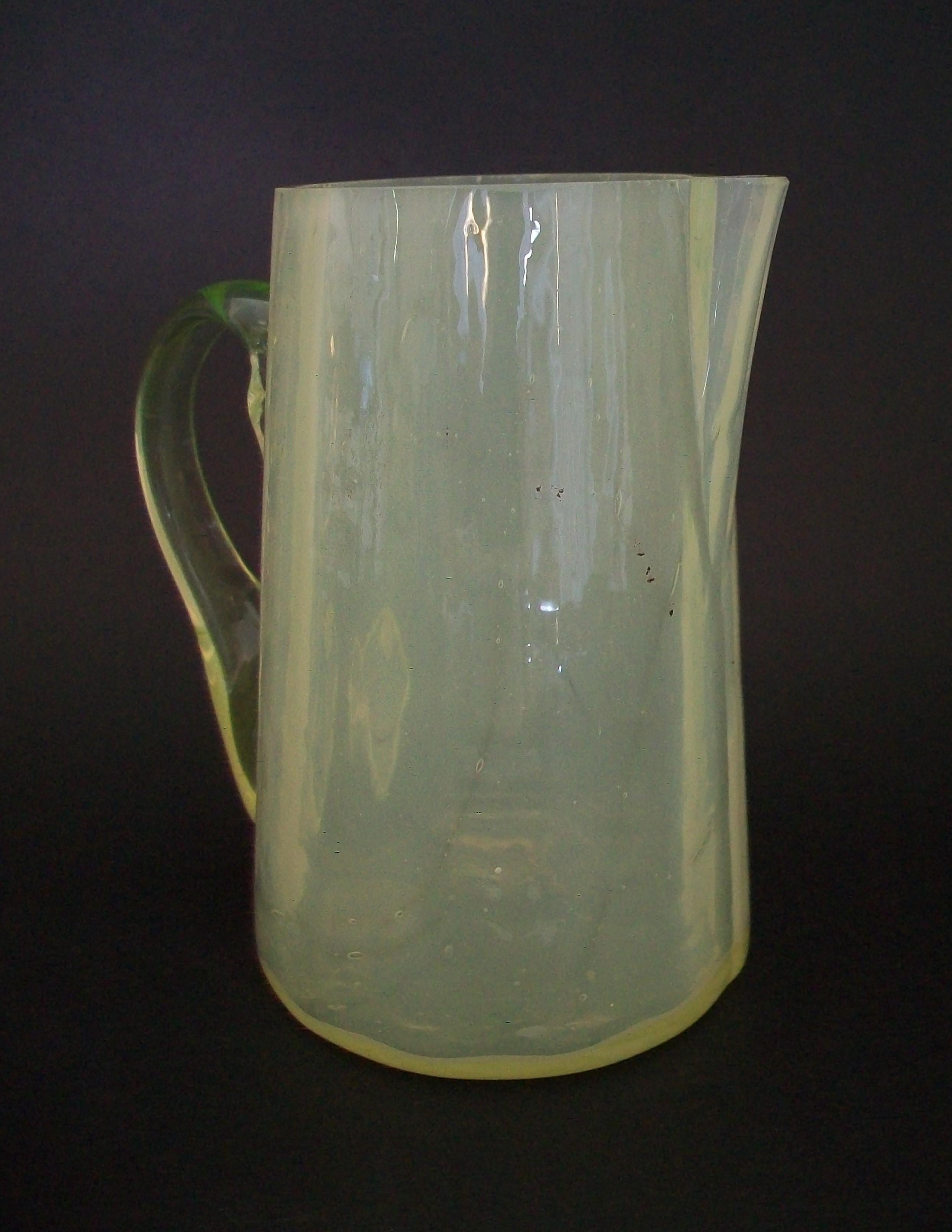 American Antique Opalescent Vaseline Glass Cream Pitcher, Unsigned, U.S.A., Circa 1900 For Sale