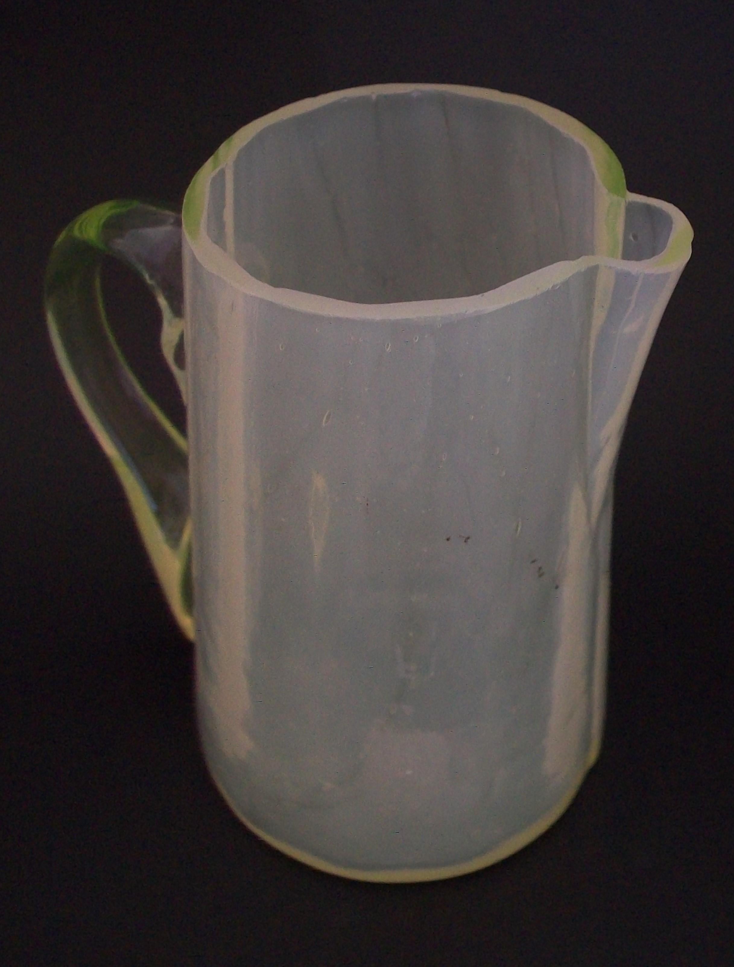 Hand-Crafted Antique Opalescent Vaseline Glass Cream Pitcher, Unsigned, U.S.A., Circa 1900 For Sale