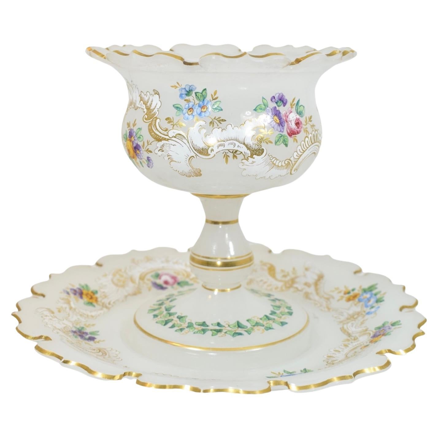 Antique Opaline Enameled Glass Tazza Bowl and Plate, 19th Century In Good Condition For Sale In Rostock, MV