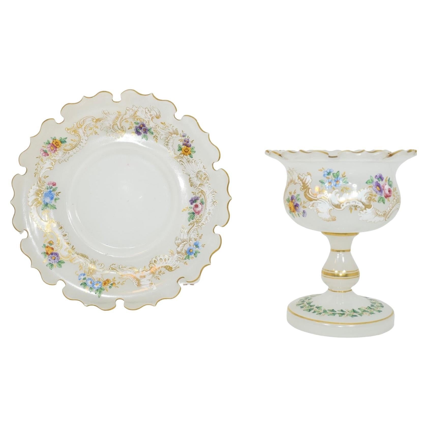 Opaline Glass Antique Opaline Enameled Glass Tazza Bowl and Plate, 19th Century For Sale