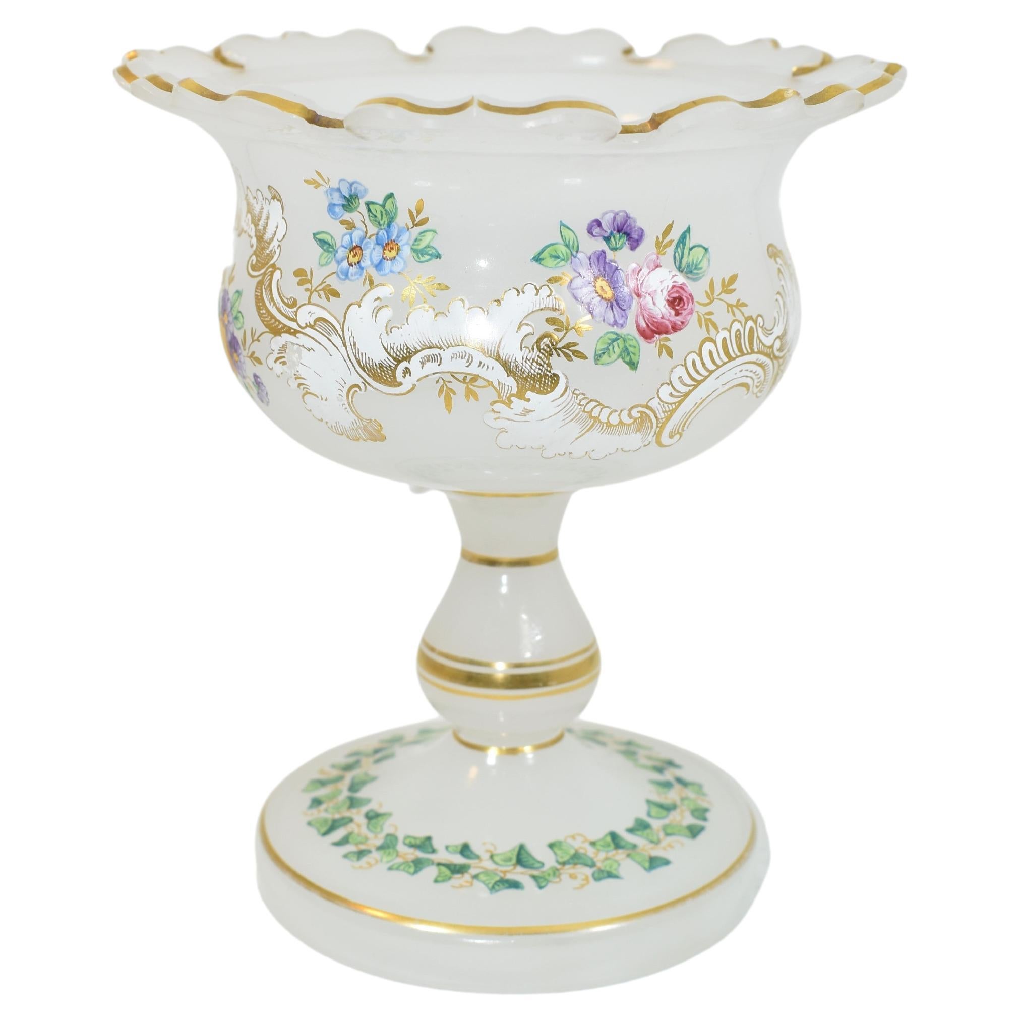 Antique Opaline Enameled Glass Tazza Bowl and Plate, 19th Century For Sale 1