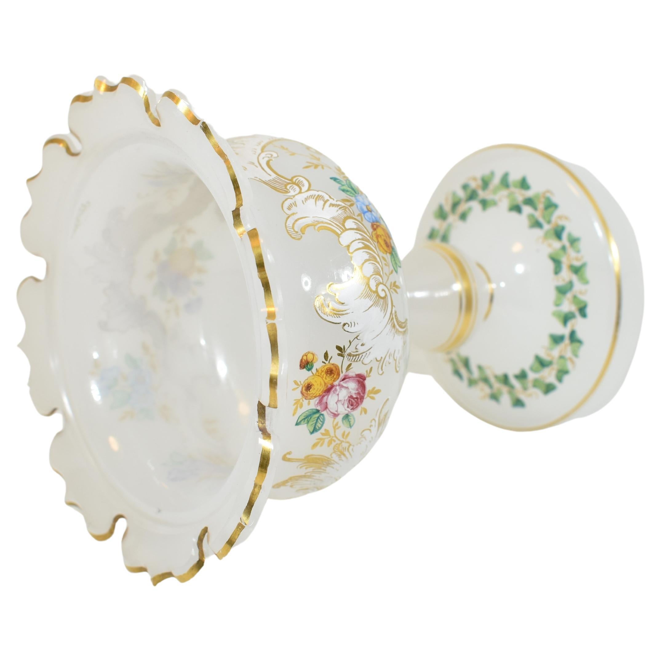 Antique Opaline Enameled Glass Tazza Bowl and Plate, 19th Century For Sale 2