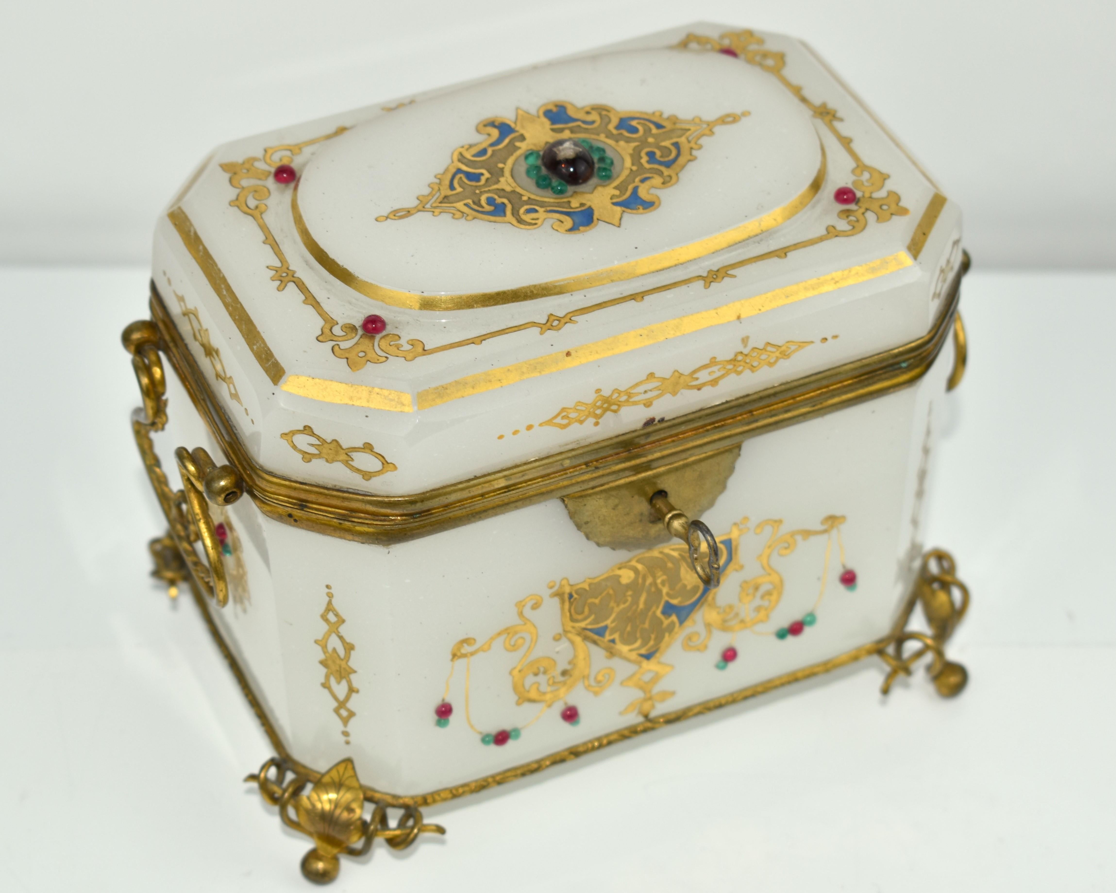Gilt Antique Opaline Enamelled Glass Jewelry Casket Box, 19th Century