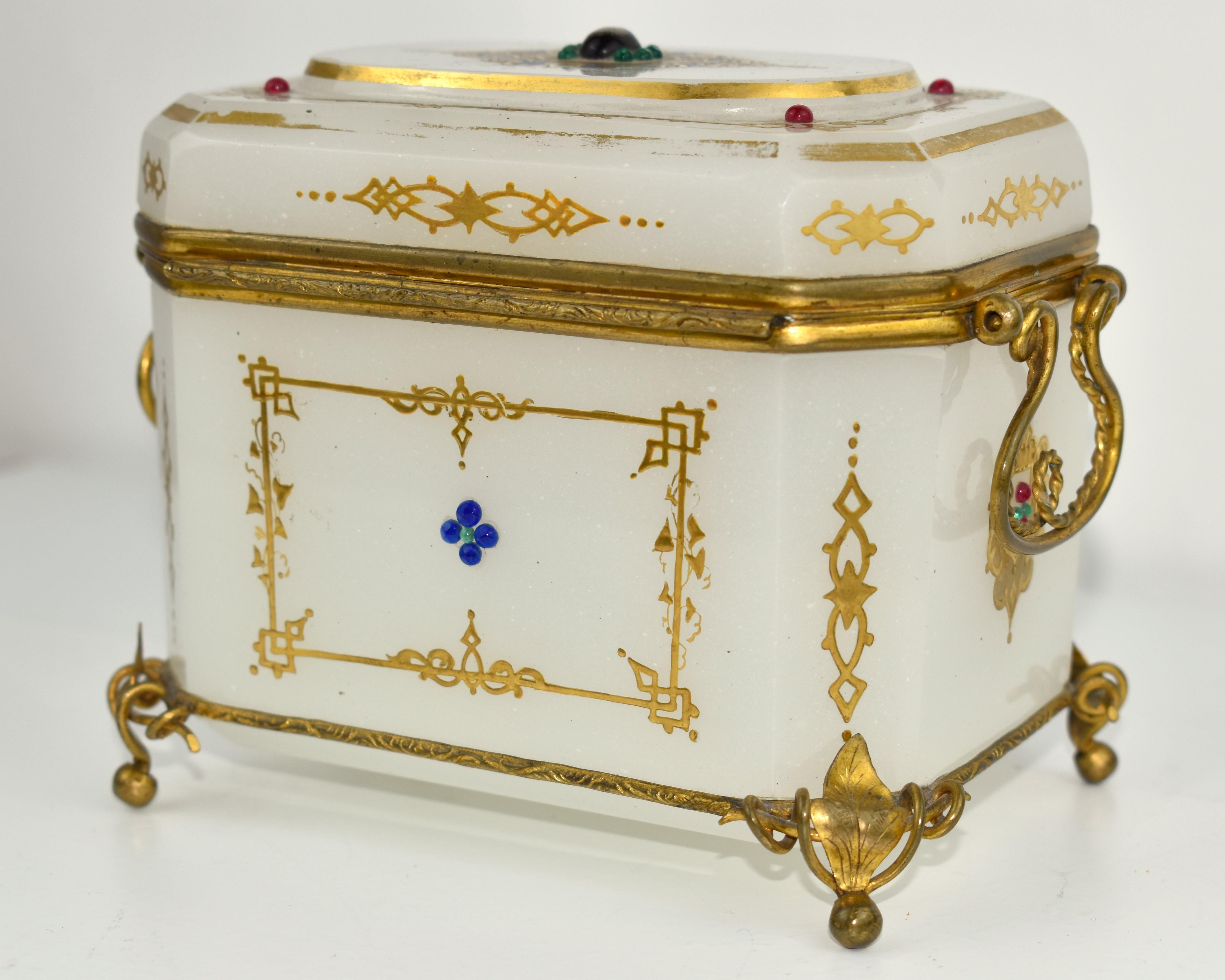 Antique Opaline Enamelled Glass Jewelry Casket Box, 19th Century 2