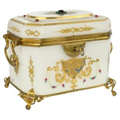 Antique Opaline Enamelled Glass Jewelry Casket Box, 19th Century