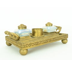 Antique Opaline Glass and Brass Inkwell