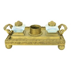 Antique Opaline Glass and Brass Inkwell
