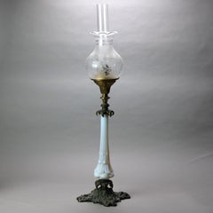 Antique Opaline Glass, Bronze & Brass Oil Solar Lamp & Etched Glass Shade c1860