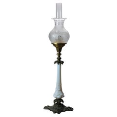 Antique Opaline Glass, Bronze & Brass Oil Solar Lamp & Etched Glass Shade c1860