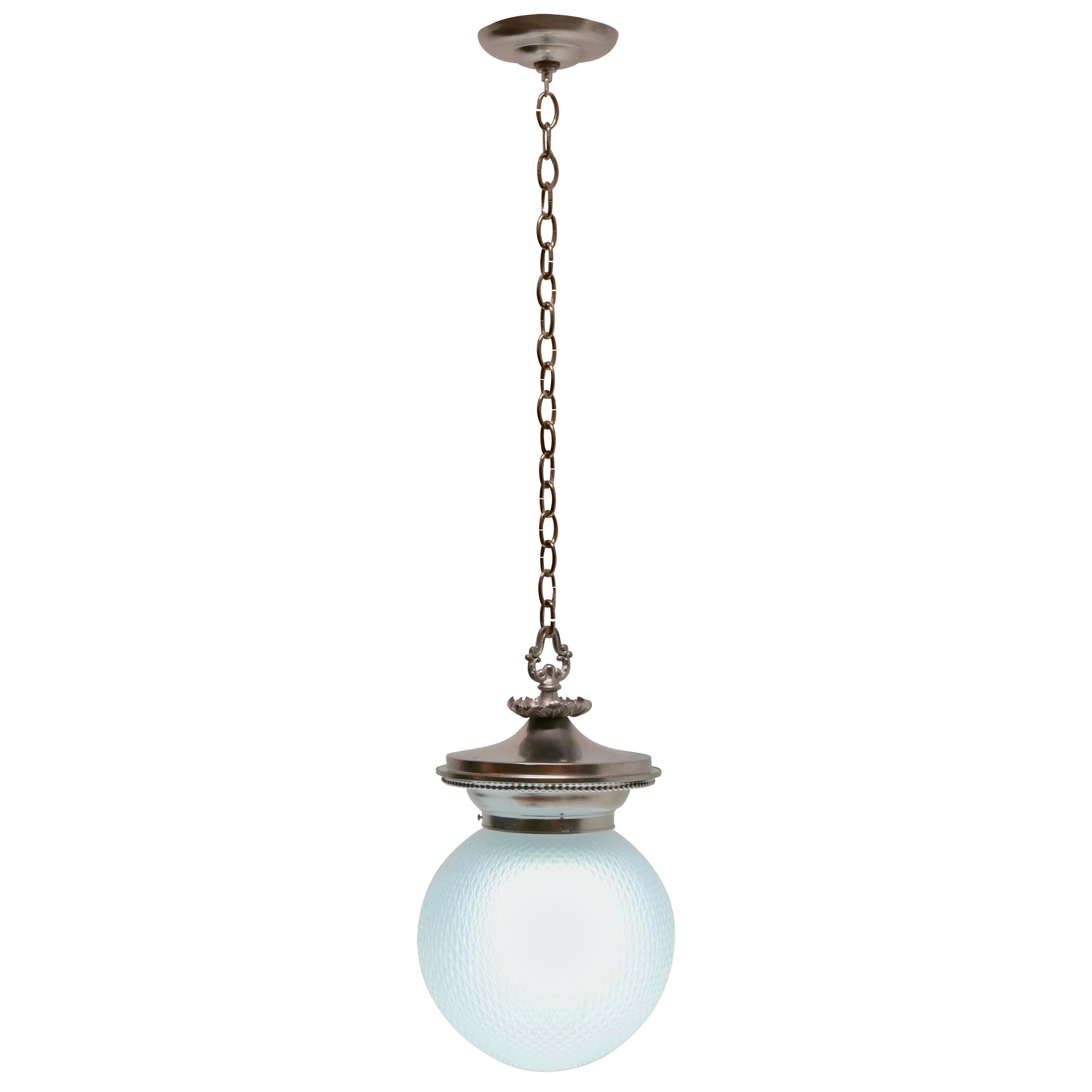Antique Opaline Glass Globe and Cast Metal Hanging Pendant