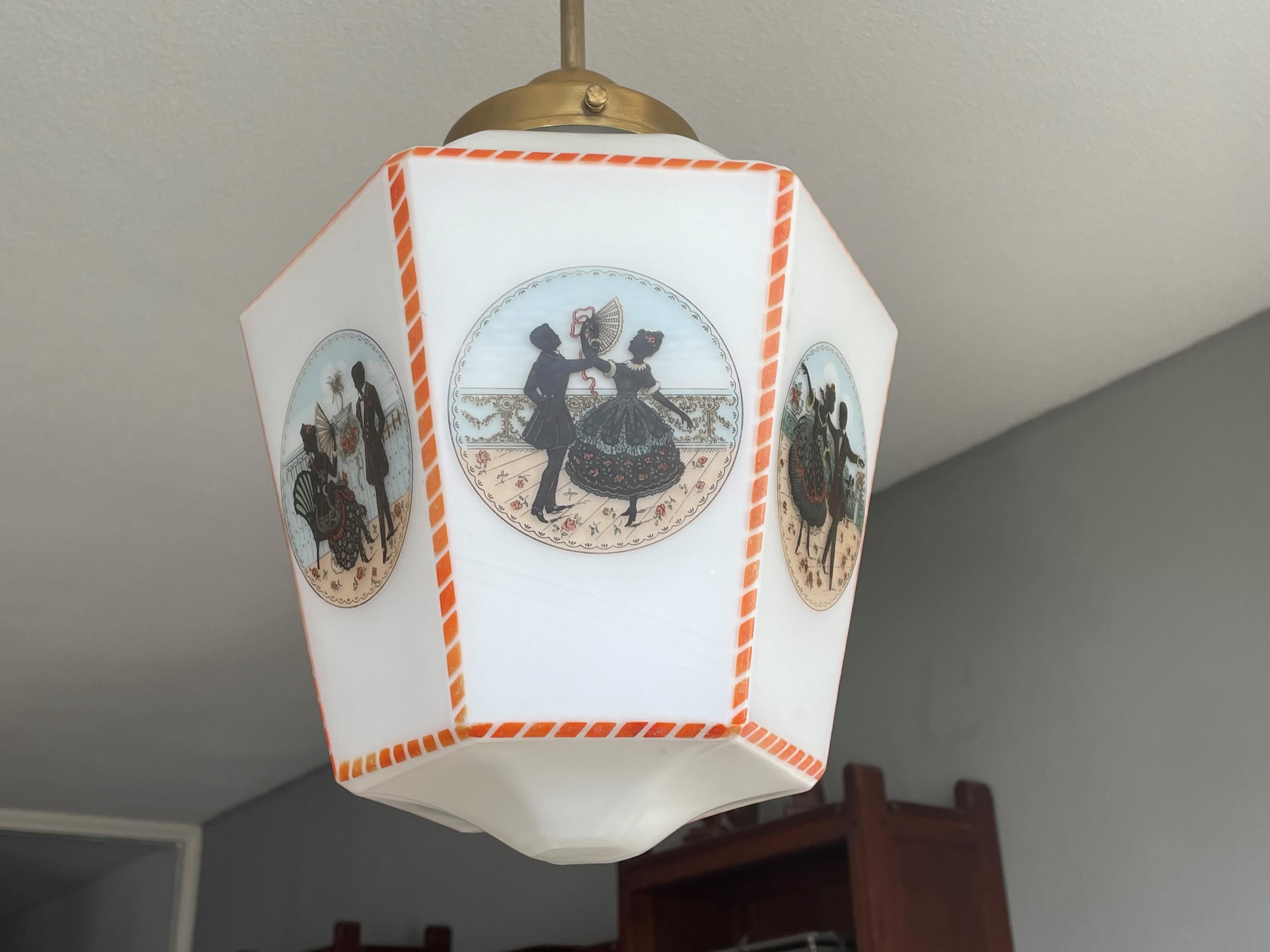 Art Deco Antique Opaline Glass Shade & Brass Gallery Pendant w. Victorian Graphics, 1920