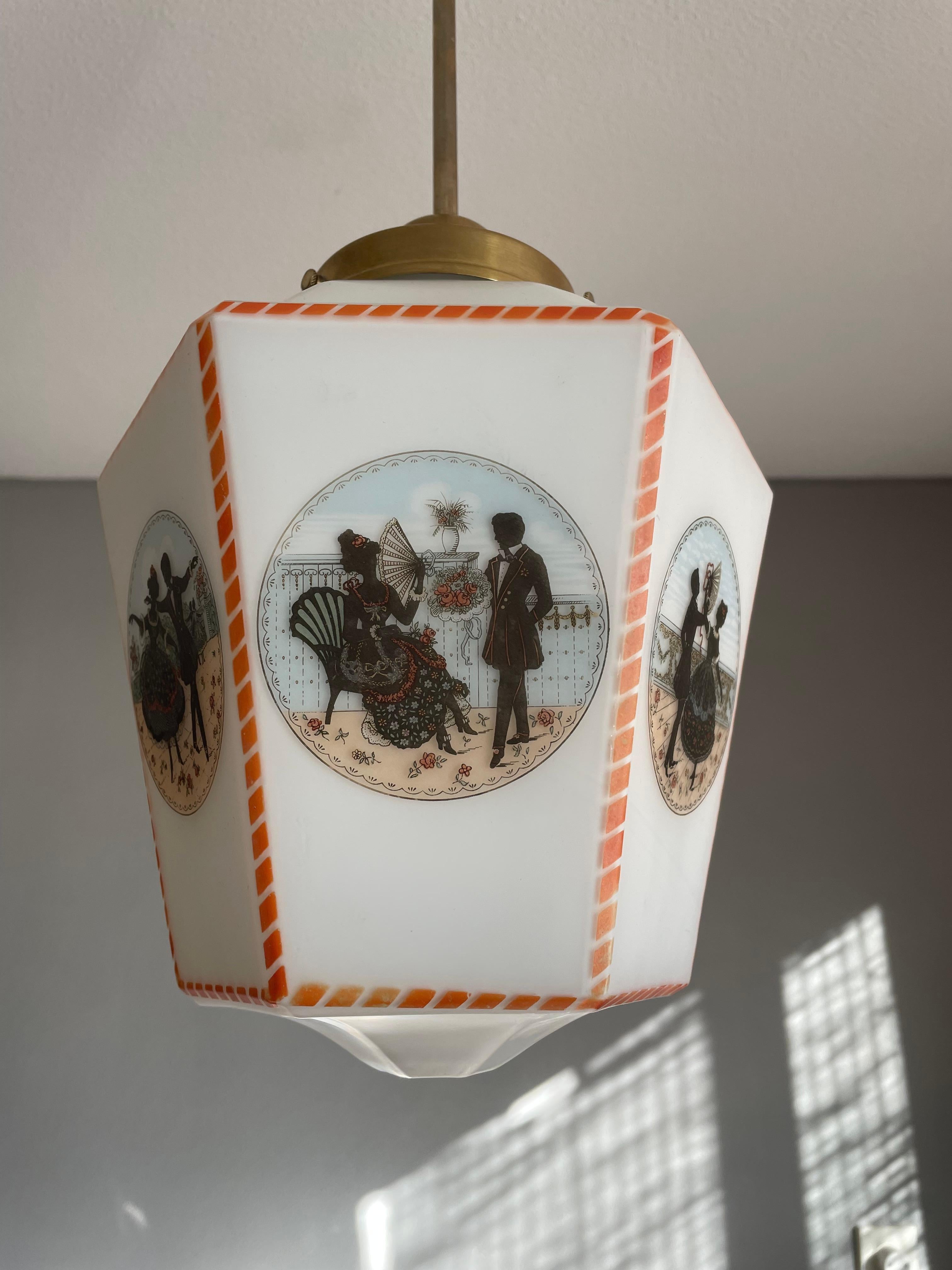 Antique Opaline Glass Shade & Brass Gallery Pendant w. Victorian Graphics, 1920 In Excellent Condition In Lisse, NL