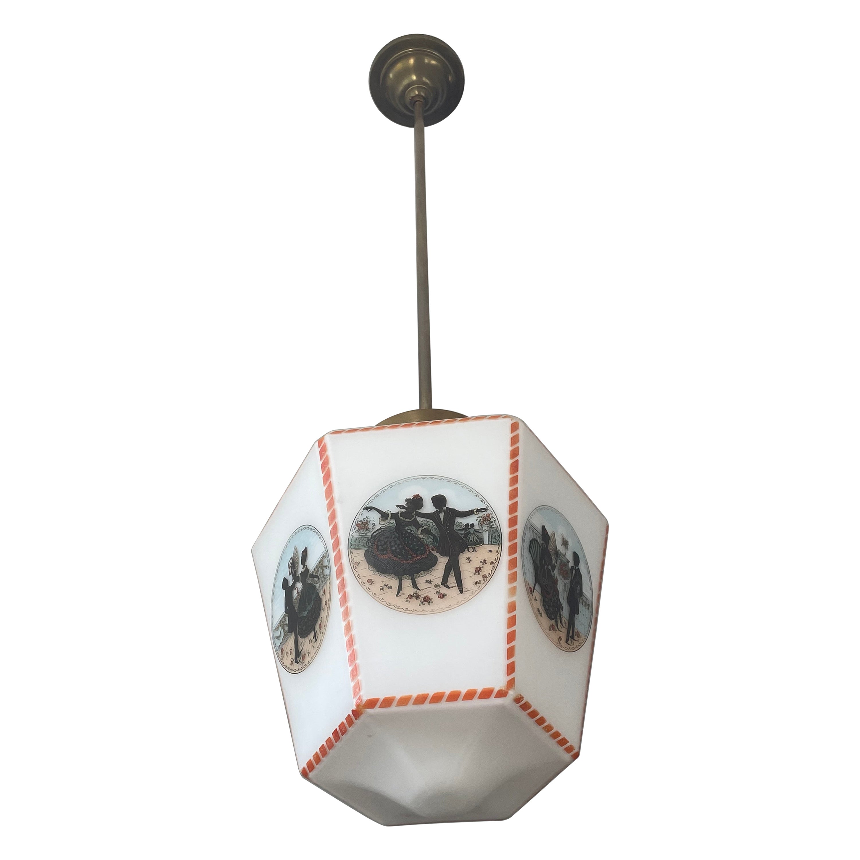 Antique Opaline Glass Shade 
Brass Gallery Pendant w. Victorian Graphics, 1920