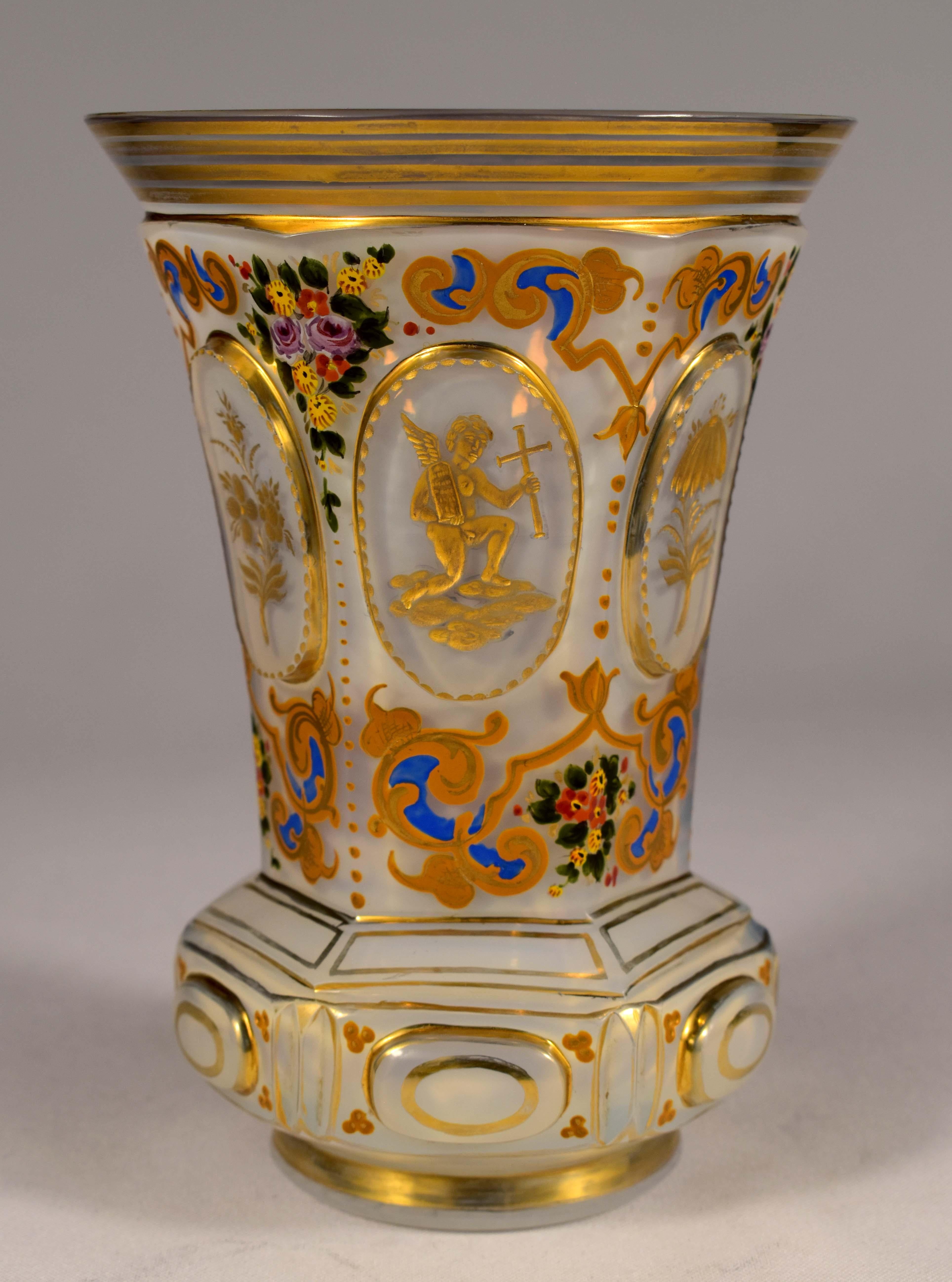 The goblet and plate are beautifully cut and painted and gilded engraving. Cut six medallions. engraved floral and gilded decor in three medallions, in the three medallions are engraved and gilded cupids with symbolism, - faith - hope – love. A