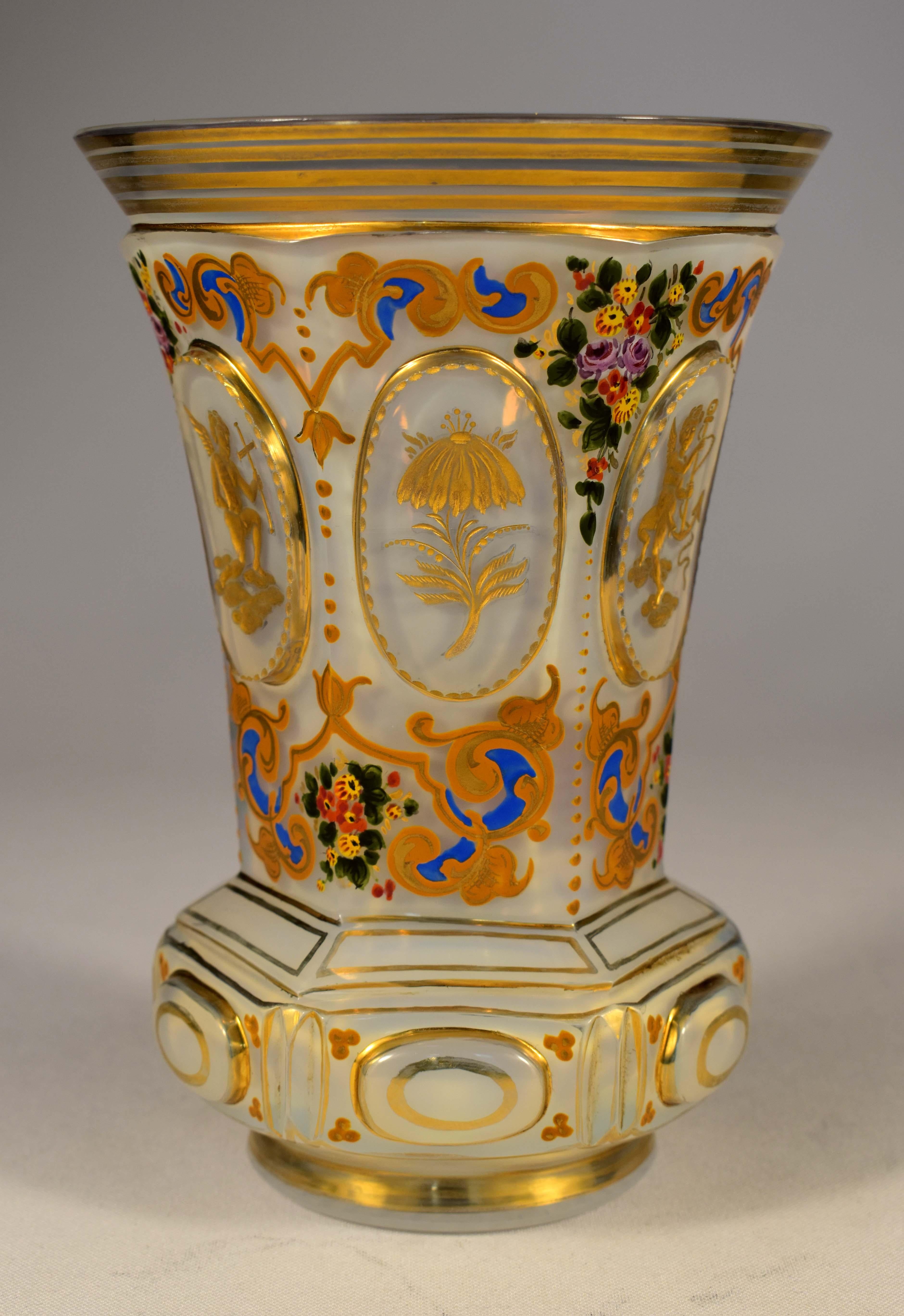 Hand-Crafted Antique Opaline Goblet with a Plate, Bohemian Glass 19th Century, Simbolisns