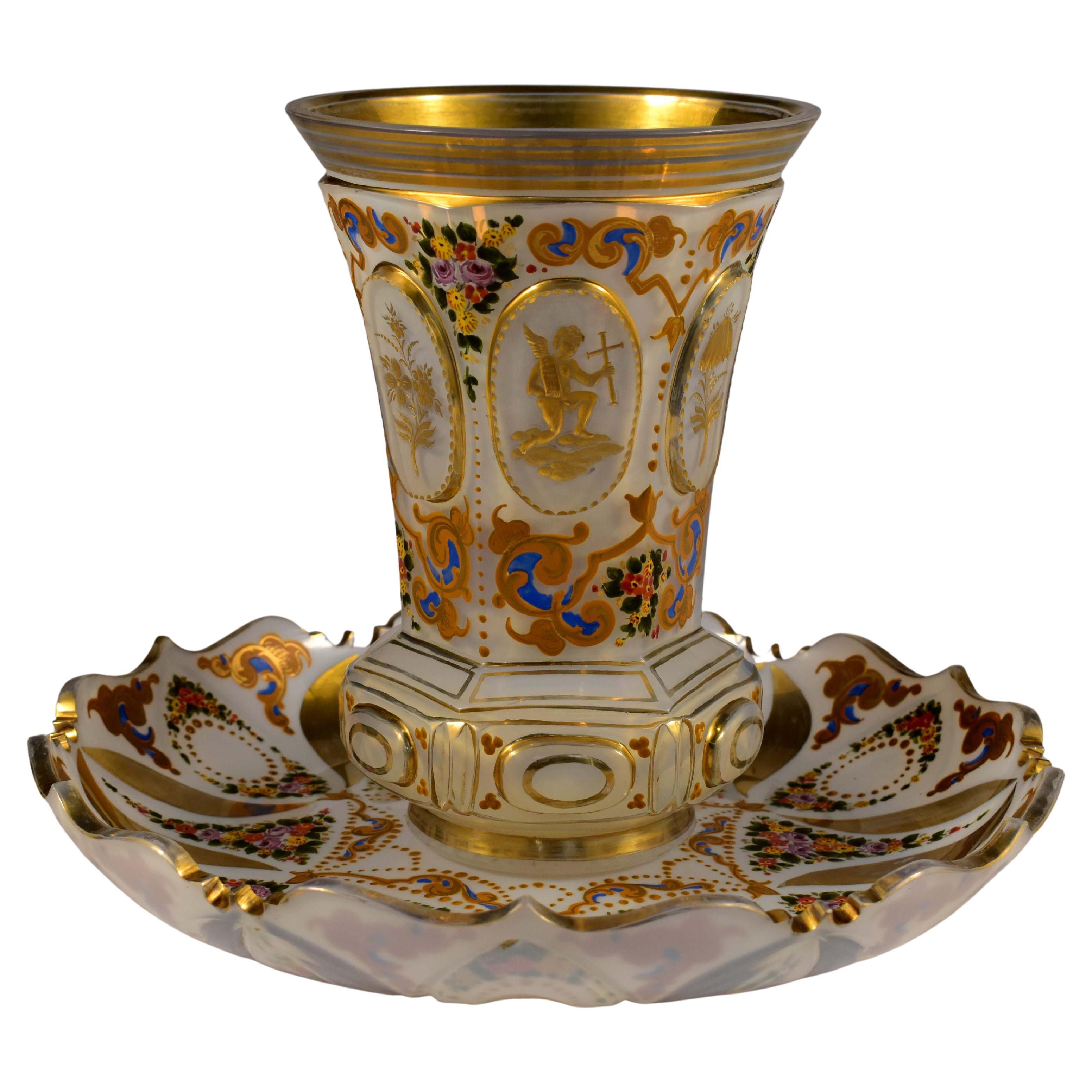 Antique Opaline Goblet with a Plate, Bohemian Glass 19th Century, Simbolisns