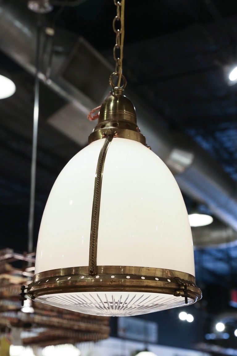 Antique Opaline Pendant Light with Clear Etched Glass and Capped with