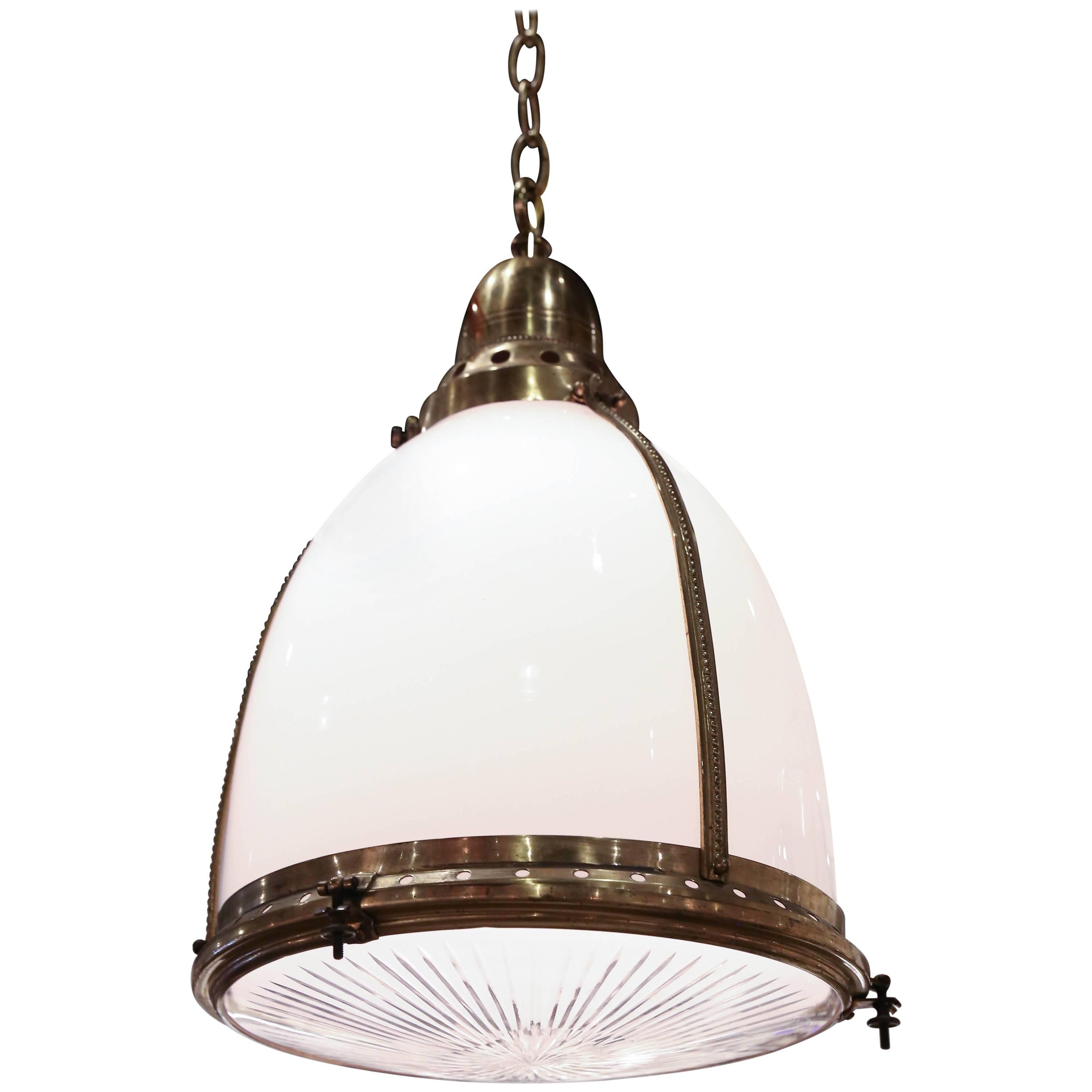 Antique Opaline Pendant Light with Clear Etched Glass and Capped with Brass