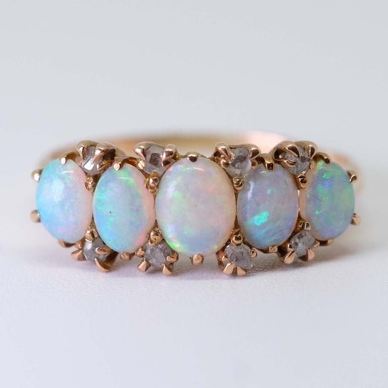 Victorian Antique Opals and Old Cut Diamonds Ring For Sale