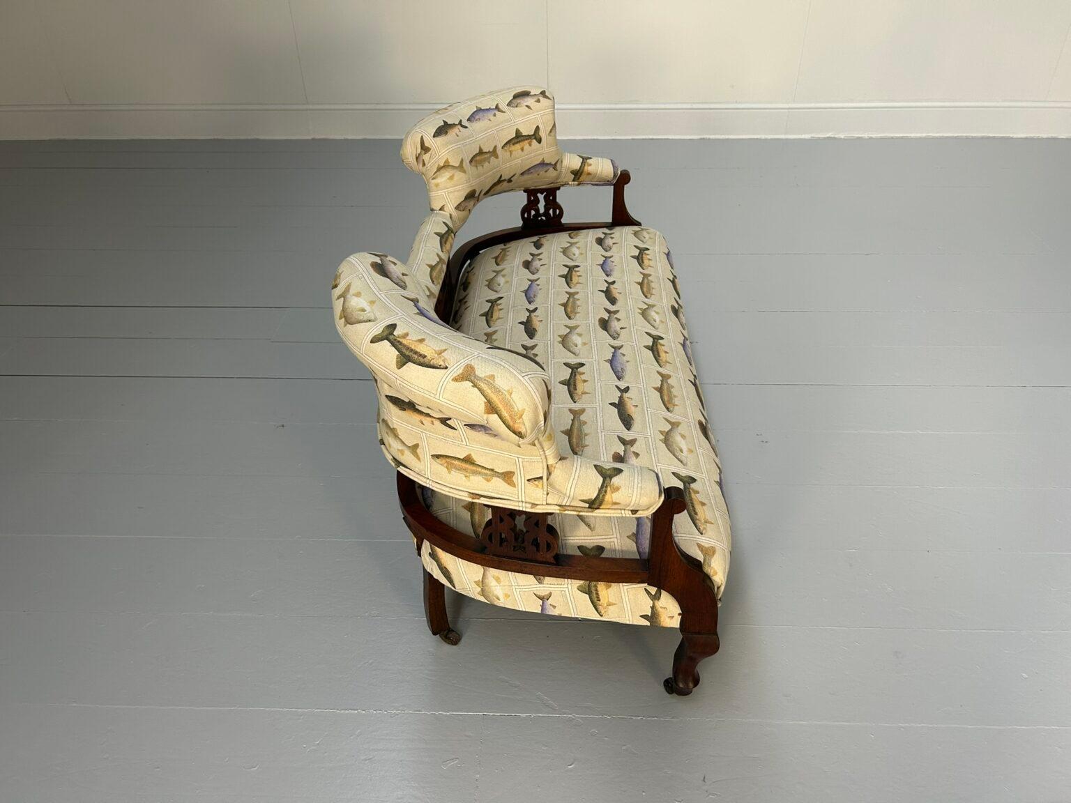 Antique “Open Back” 2-Seat Sofa – In Fish Print Linen For Sale 5