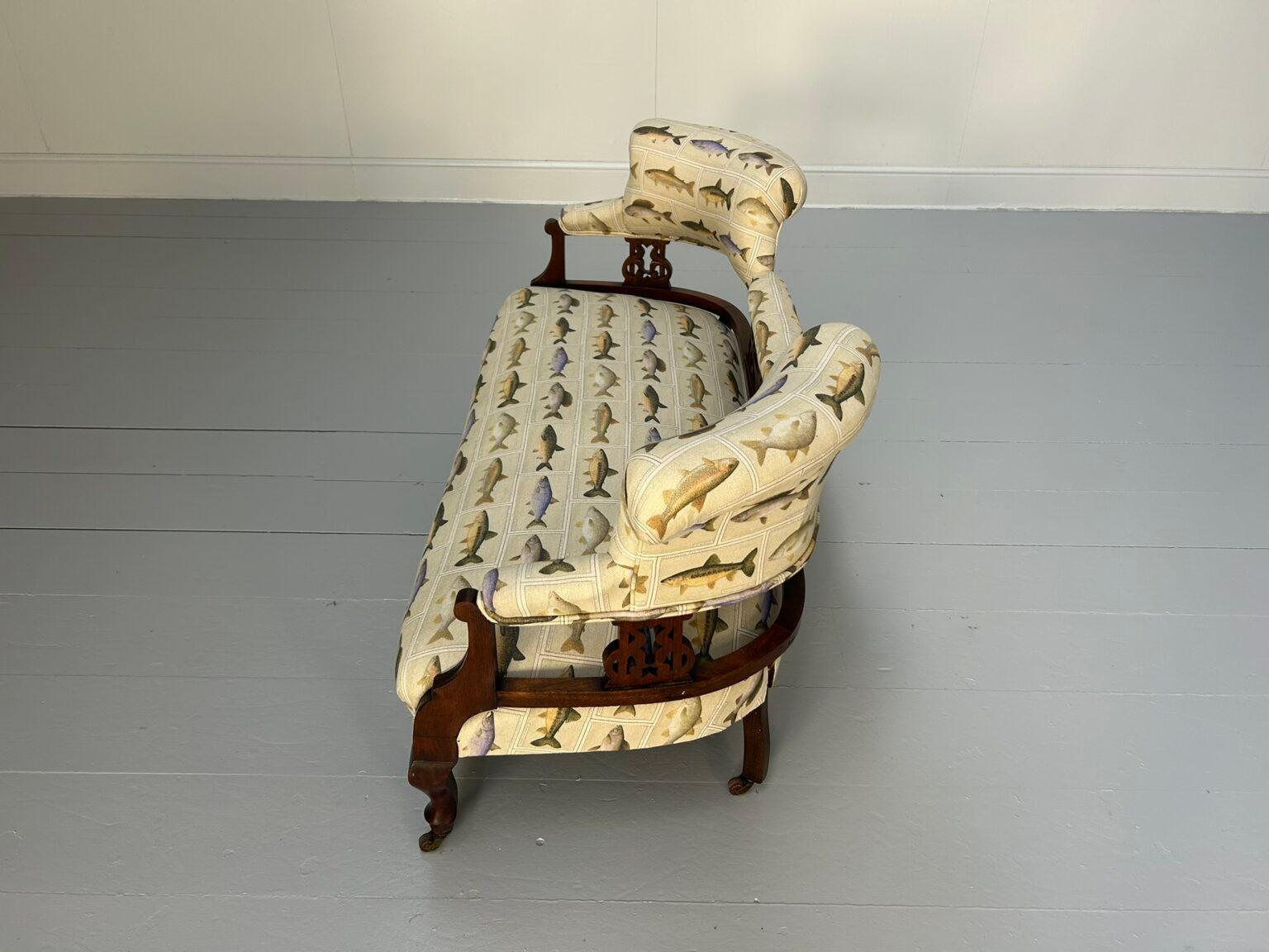 Antique “Open Back” 2-Seat Sofa – In Fish Print Linen For Sale 6