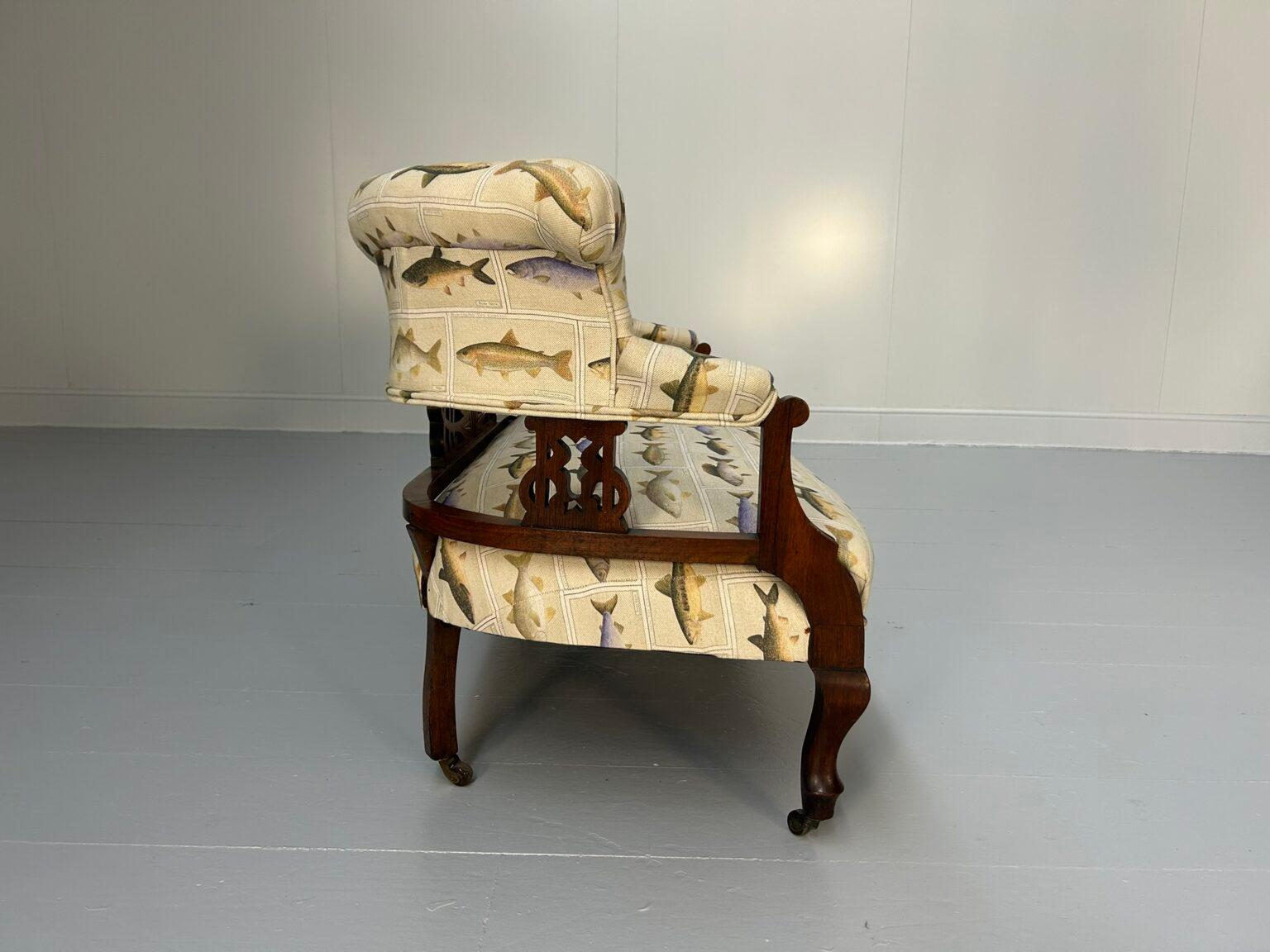 Antique “Open Back” 2-Seat Sofa – In Fish Print Linen For Sale 7