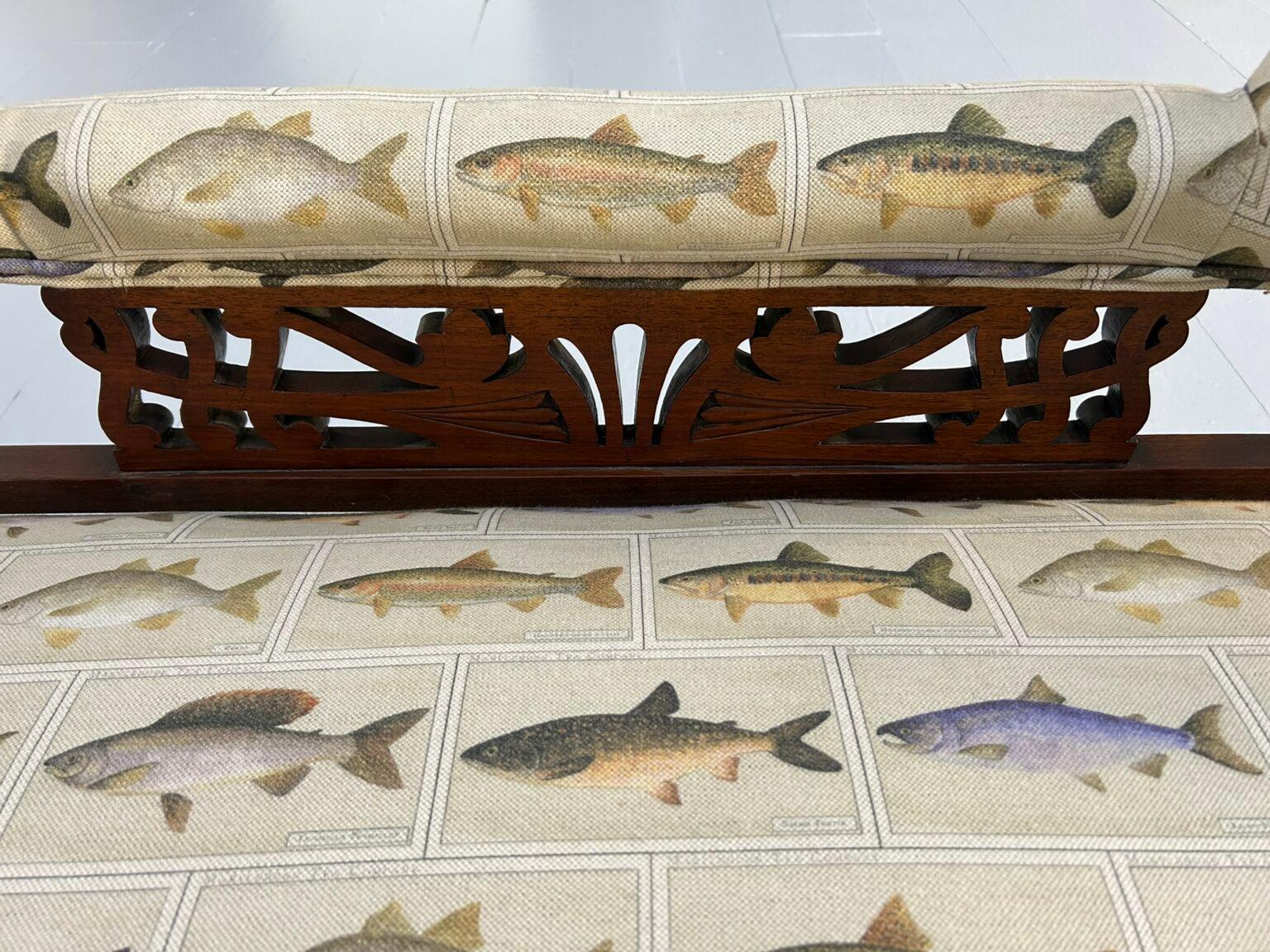 Antique “Open Back” 2-Seat Sofa – In Fish Print Linen For Sale 8
