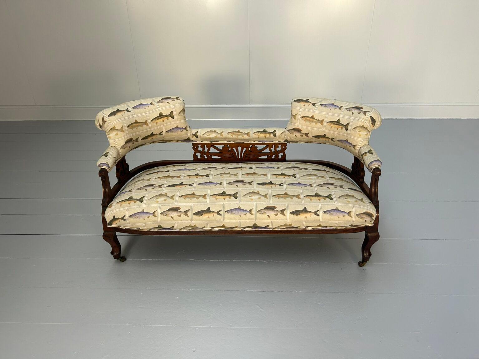 Contemporary Antique “Open Back” 2-Seat Sofa – In Fish Print Linen For Sale