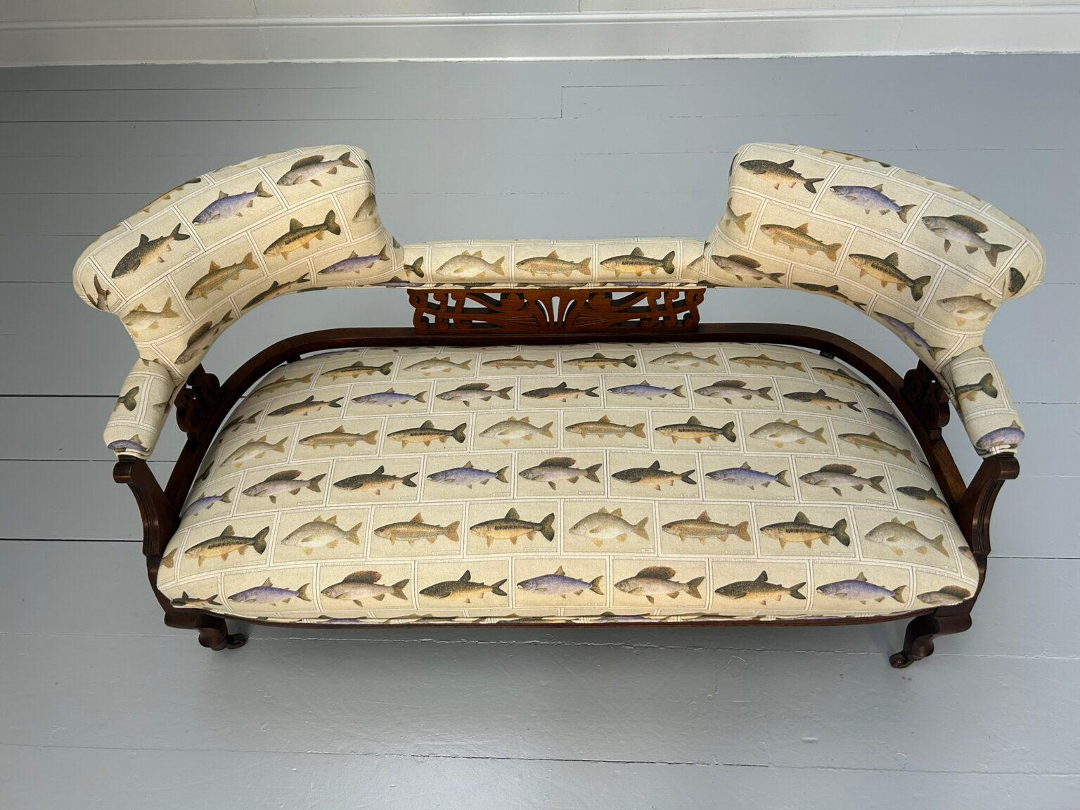 Porcelain Antique “Open Back” 2-Seat Sofa – In Fish Print Linen For Sale