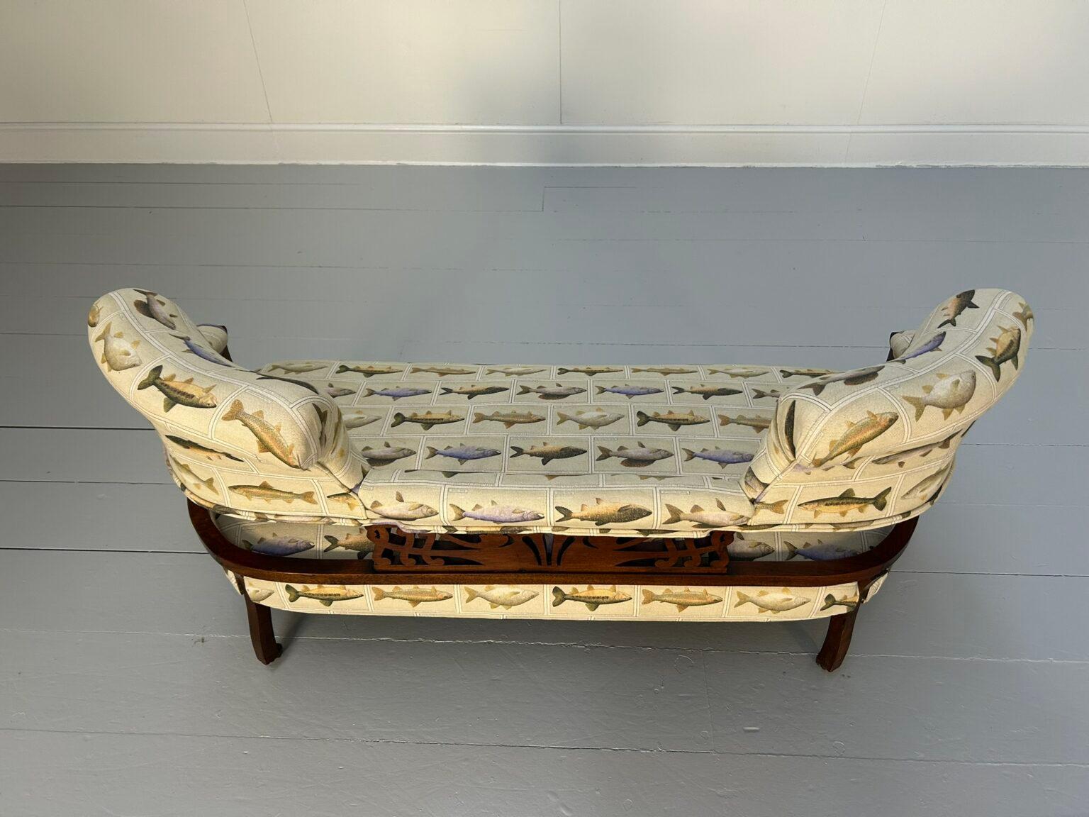 Antique “Open Back” 2-Seat Sofa – In Fish Print Linen For Sale 1