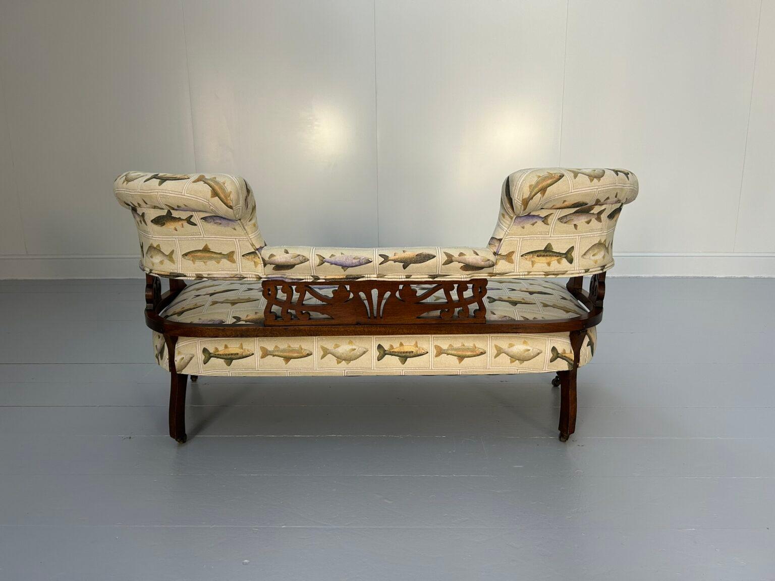 Antique “Open Back” 2-Seat Sofa – In Fish Print Linen For Sale 2
