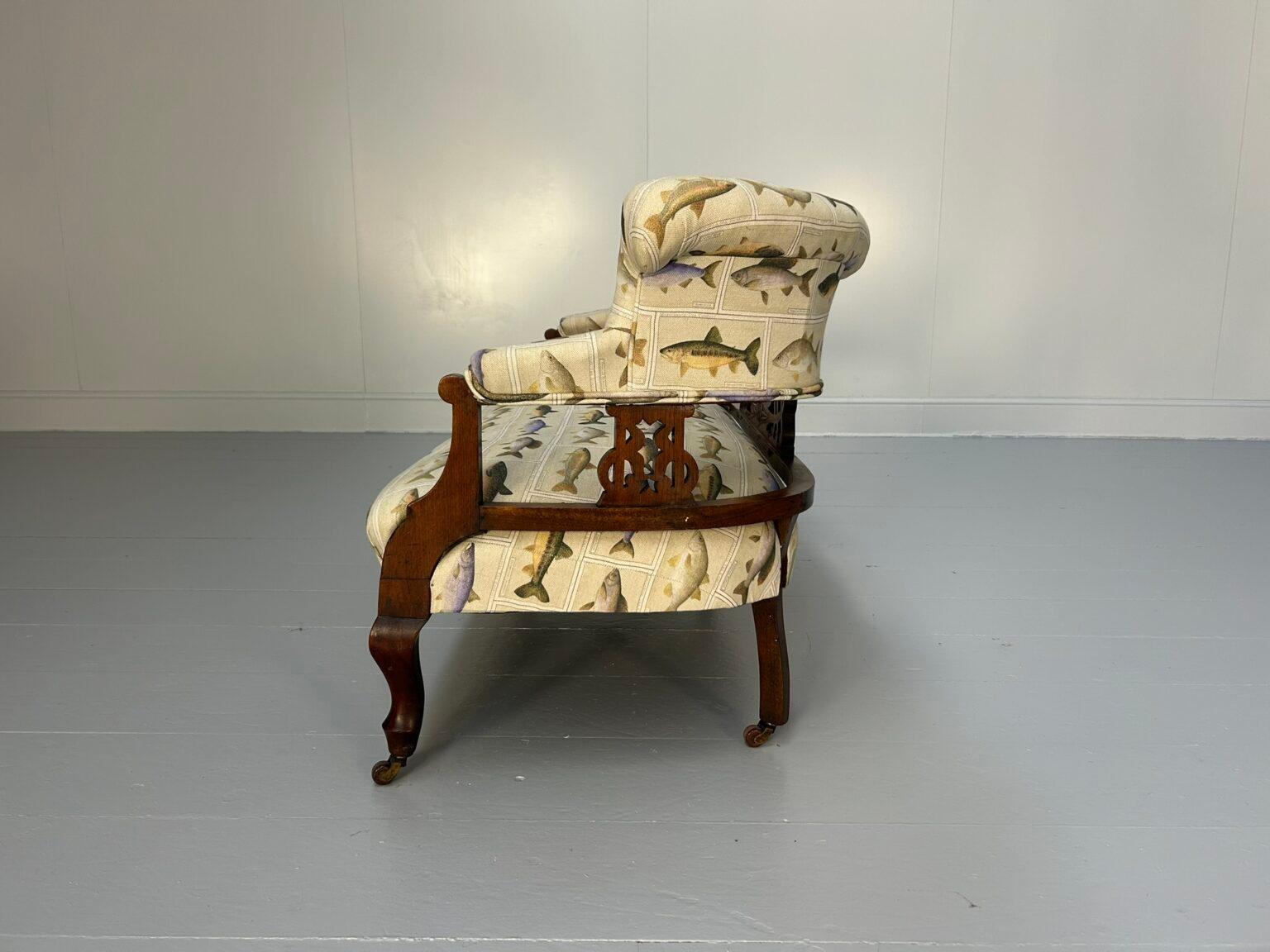 Antique “Open Back” 2-Seat Sofa – In Fish Print Linen For Sale 4