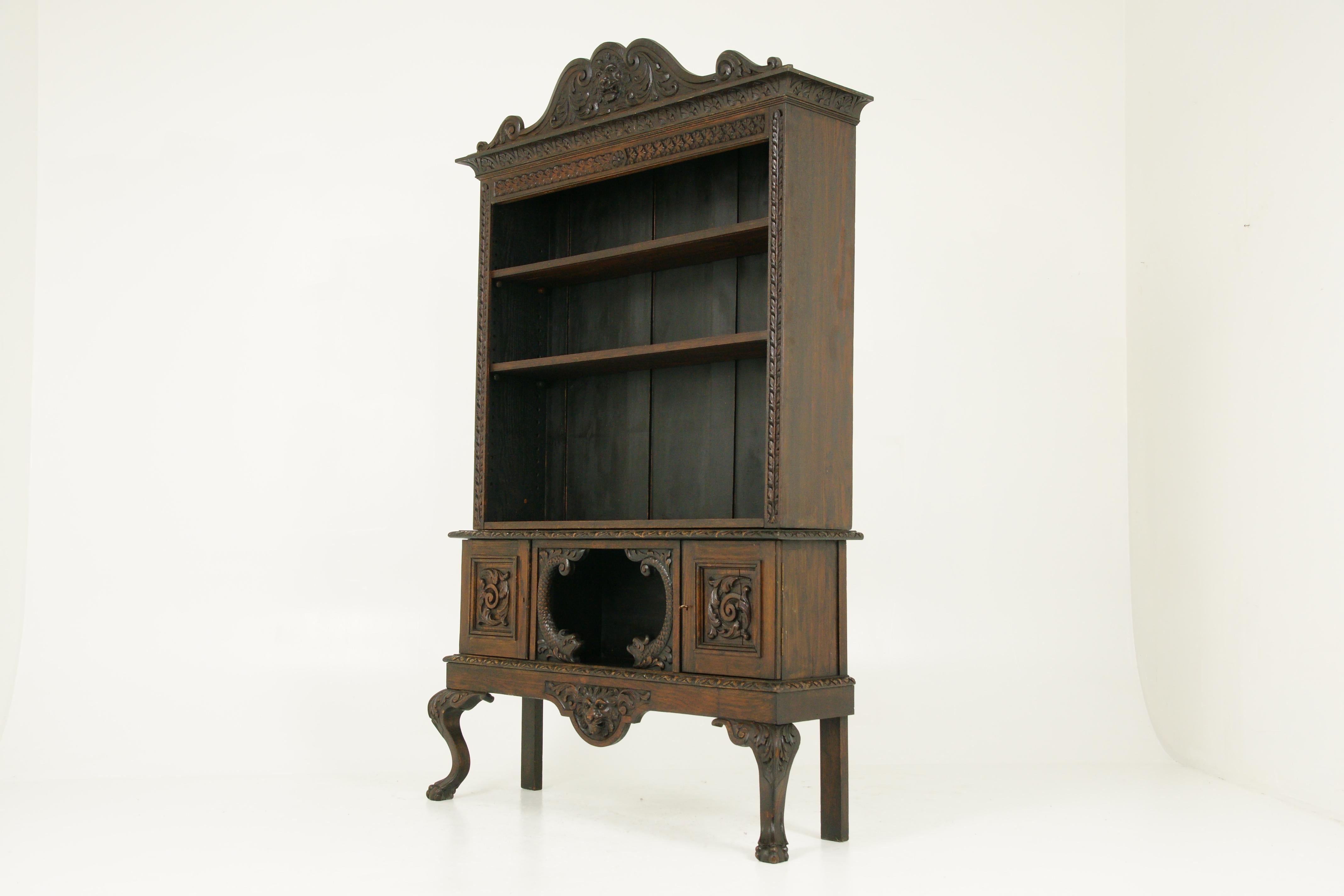 Antique open bookcase, carved oak bookcase, Victorian bookcase, 