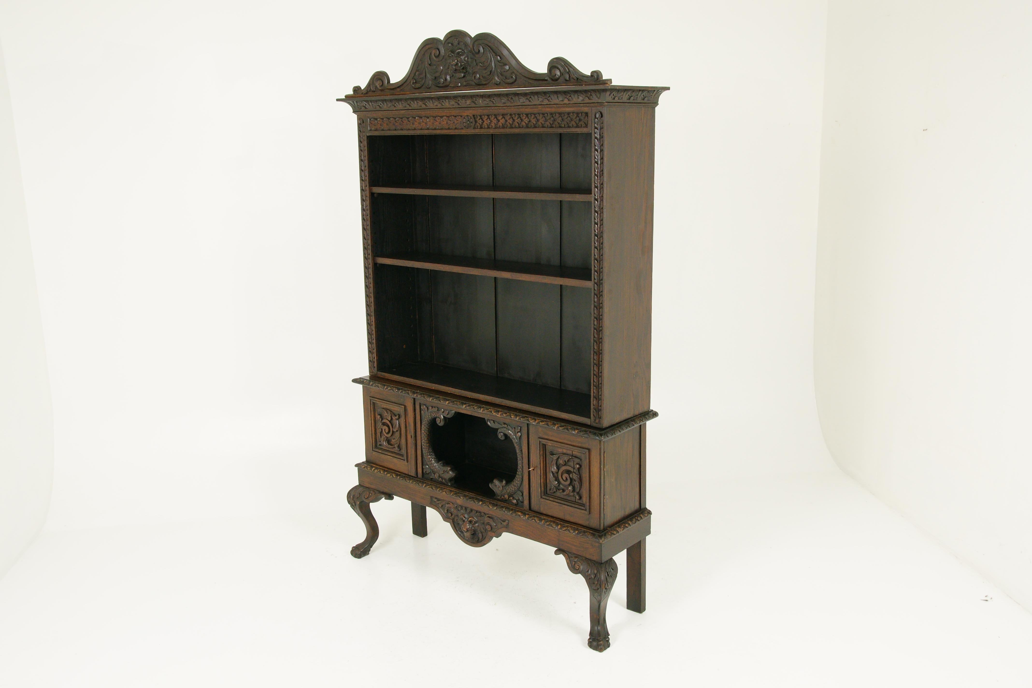 Scottish Antique Open Bookcase, Carved Oak, Victorian, 