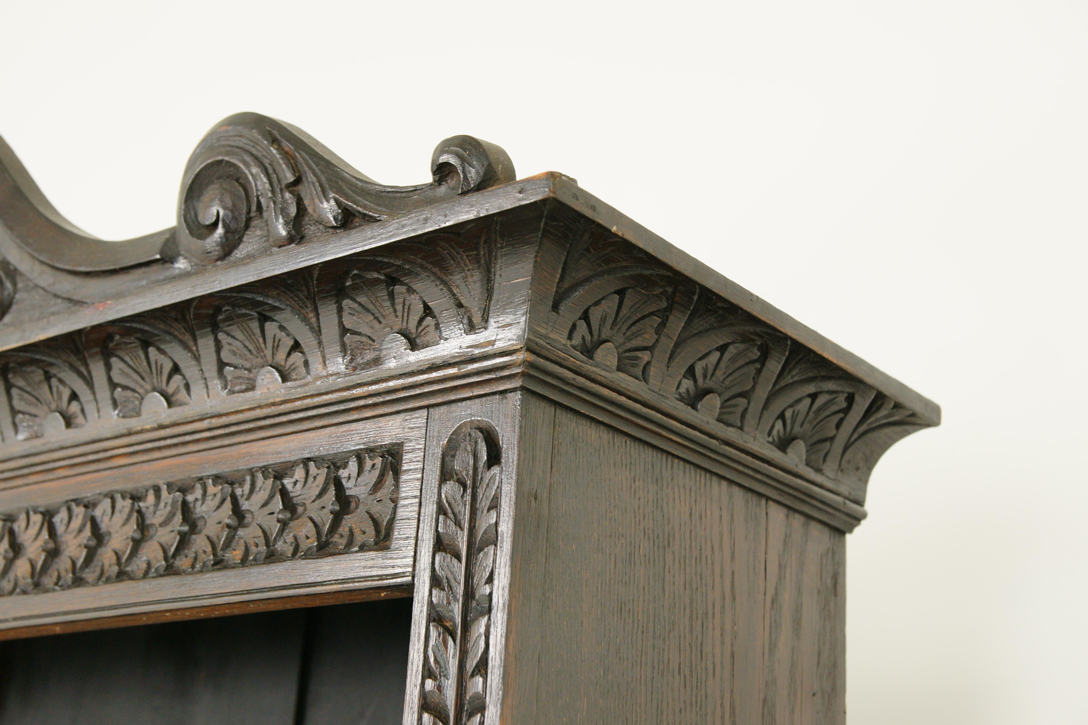 Antique Open Bookcase, Carved Oak, Victorian, 