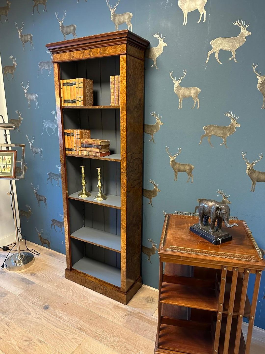 Antique open bookcase in burl walnut. For Sale 4