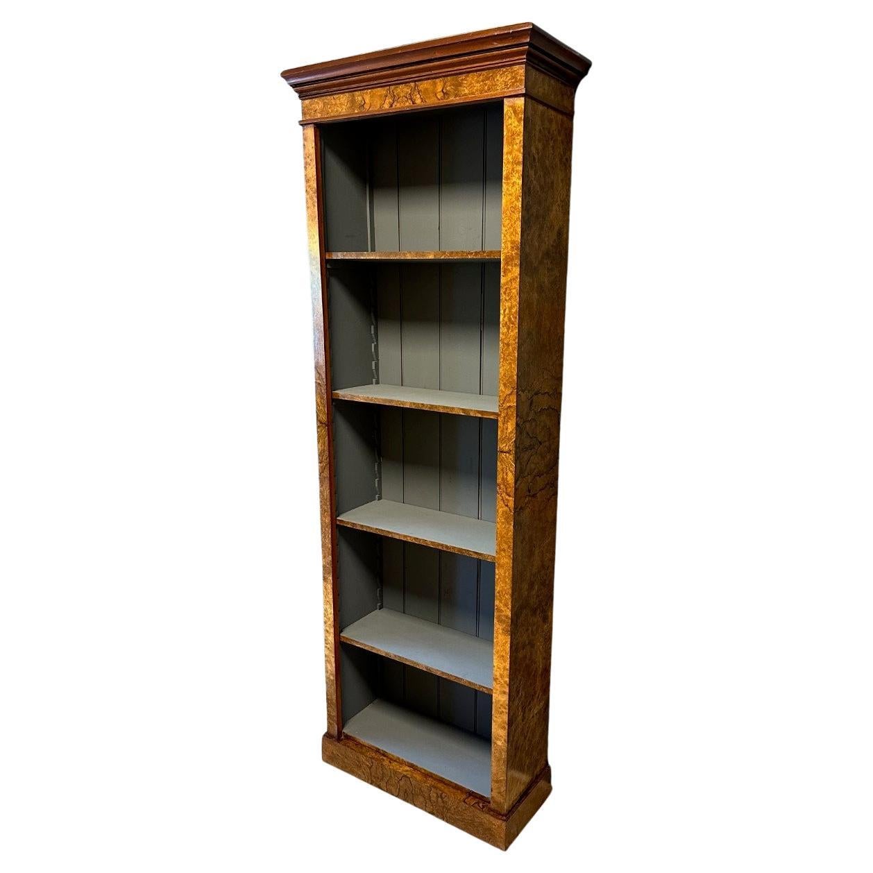 Antique open bookcase in burl walnut.