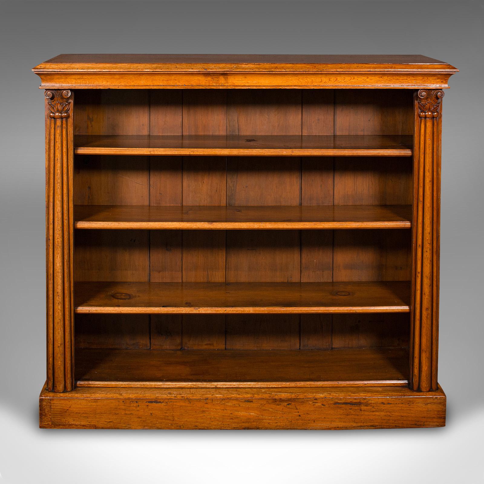 This is an antique open bookcase. A Scottish, oak adjustable book shelf cabinet, dating to the early Victorian period, circa 1850.

Showcase your favourite titles in this delightful open bookcase
Displaying a desirable aged patina and in good