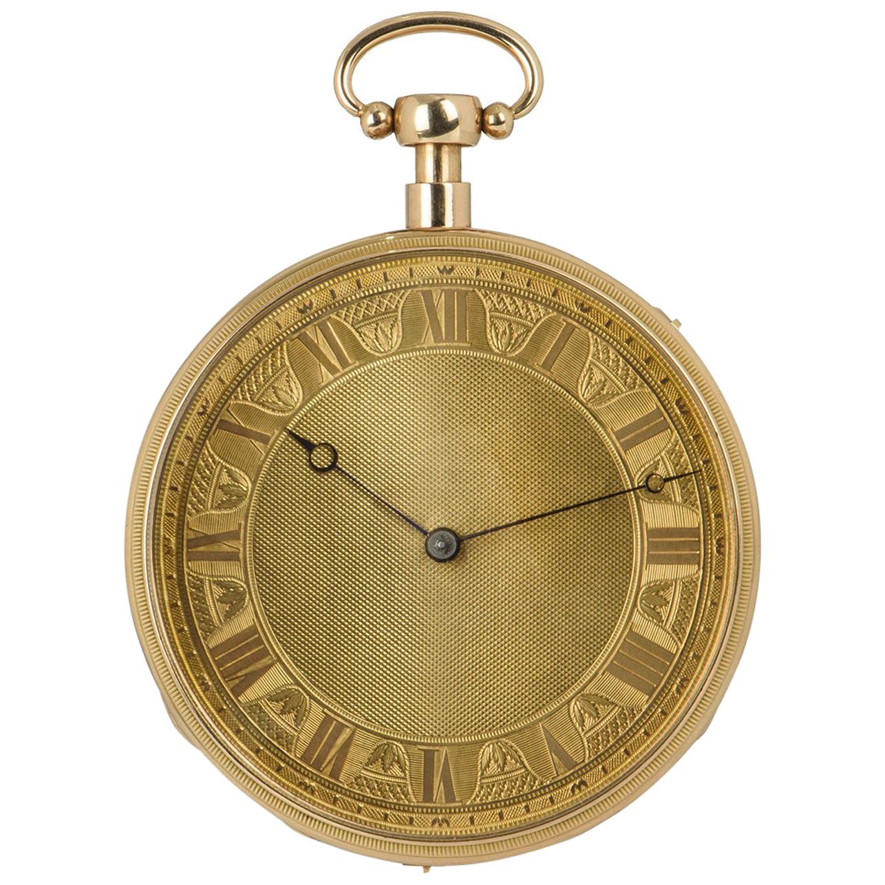Antique Open Face Musical Quarter Repeater 18 Karat Yellow Gold Pocket Watch For Sale