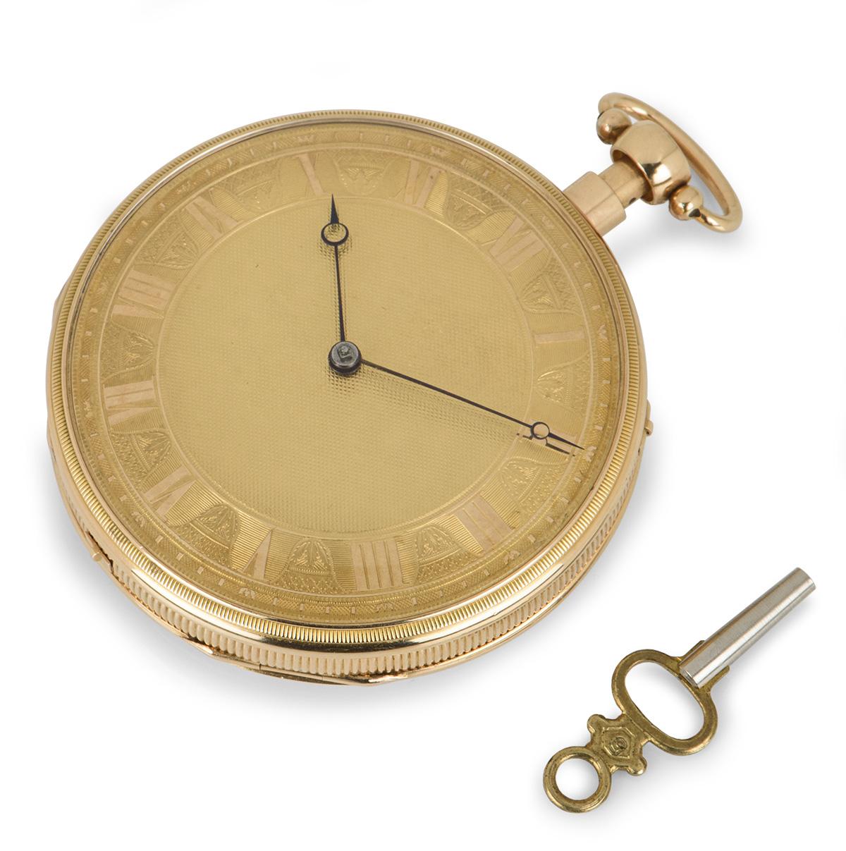 Women's or Men's Antique Open Face Musical Quarter Repeater 18 Karat Yellow Gold Pocket Watch For Sale